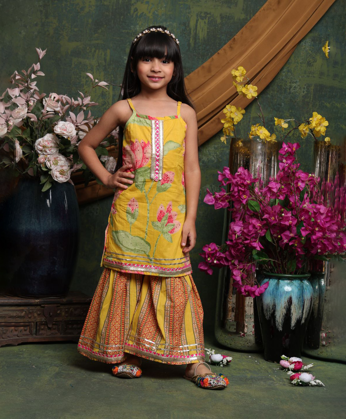 Saka Designs By Sapna Cotton Woven Sleeveless Floral Printed & Gota Lace Embellished Kurti Sharara Set - Yellow-picture-20