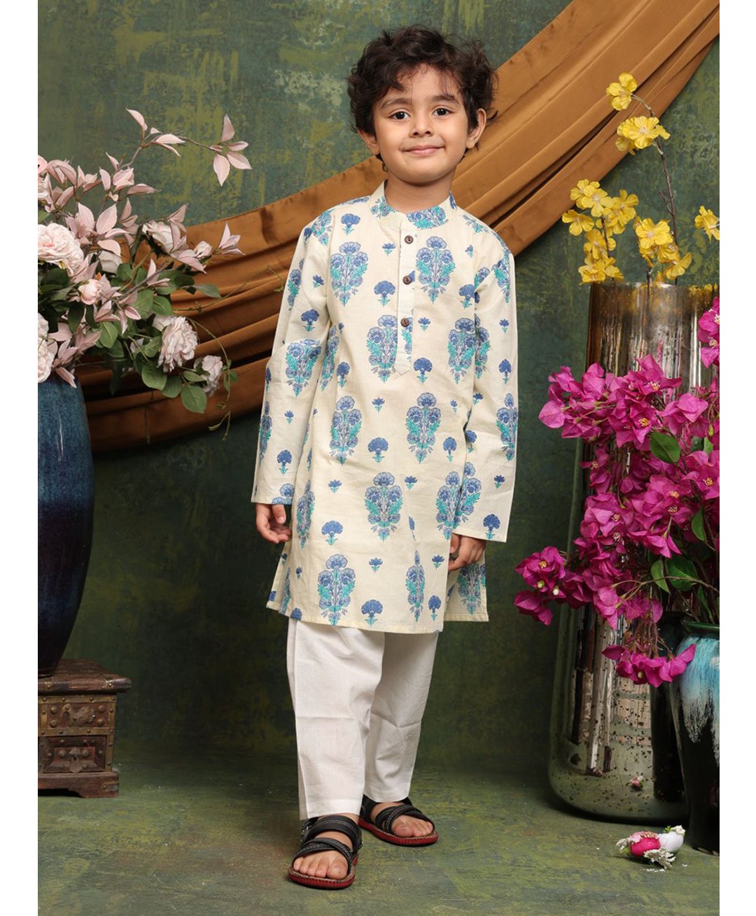 Saka Designs By Sapna Cotton Woven Full Sleeves Floral Printed Kurta Pyjama Set - Cream & Blue-picture-41
