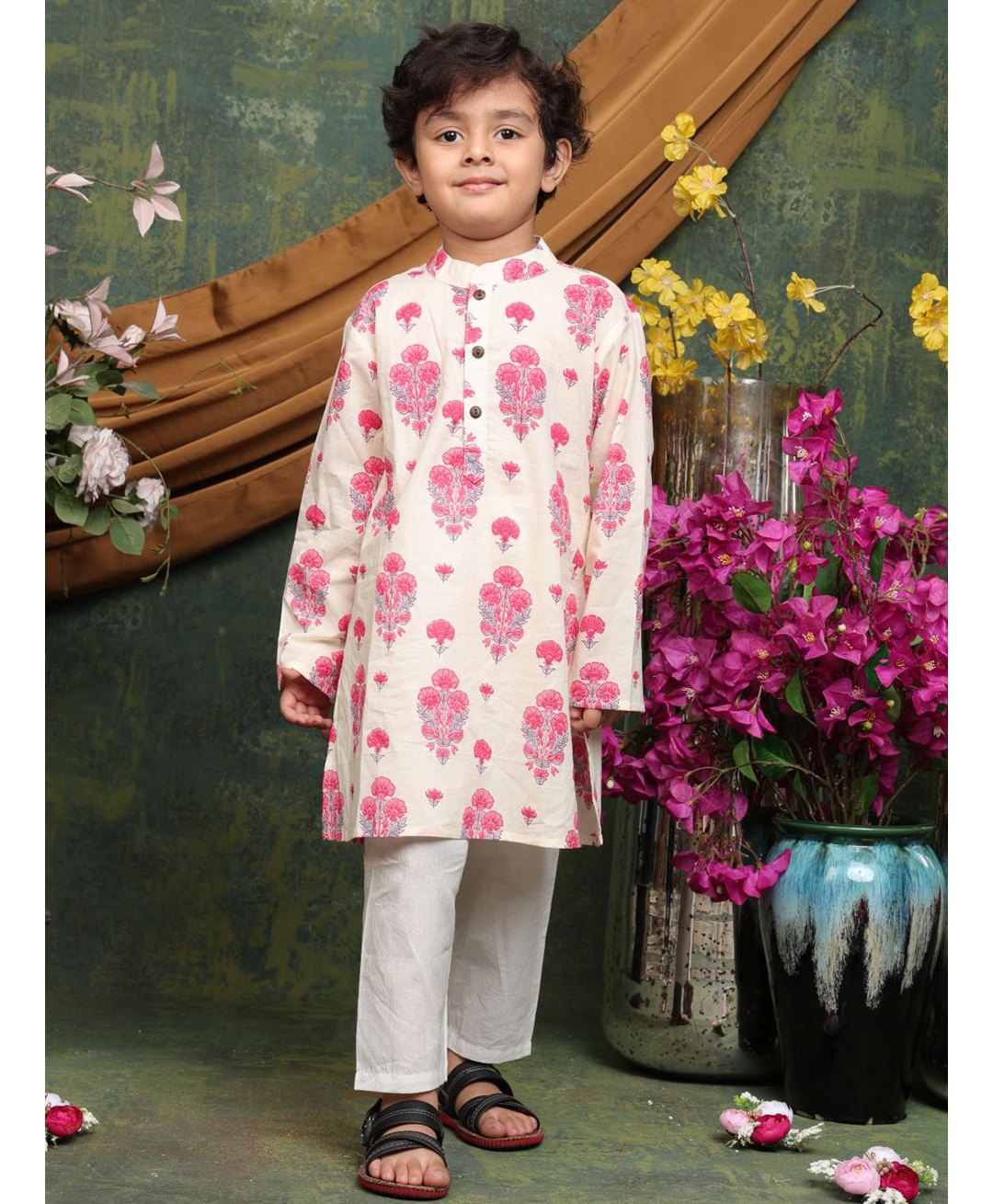 Saka Designs By Sapna Cotton Woven Full Sleeves Floral Printed Kurta Pyjama Set - Cream & Pink-picture-31