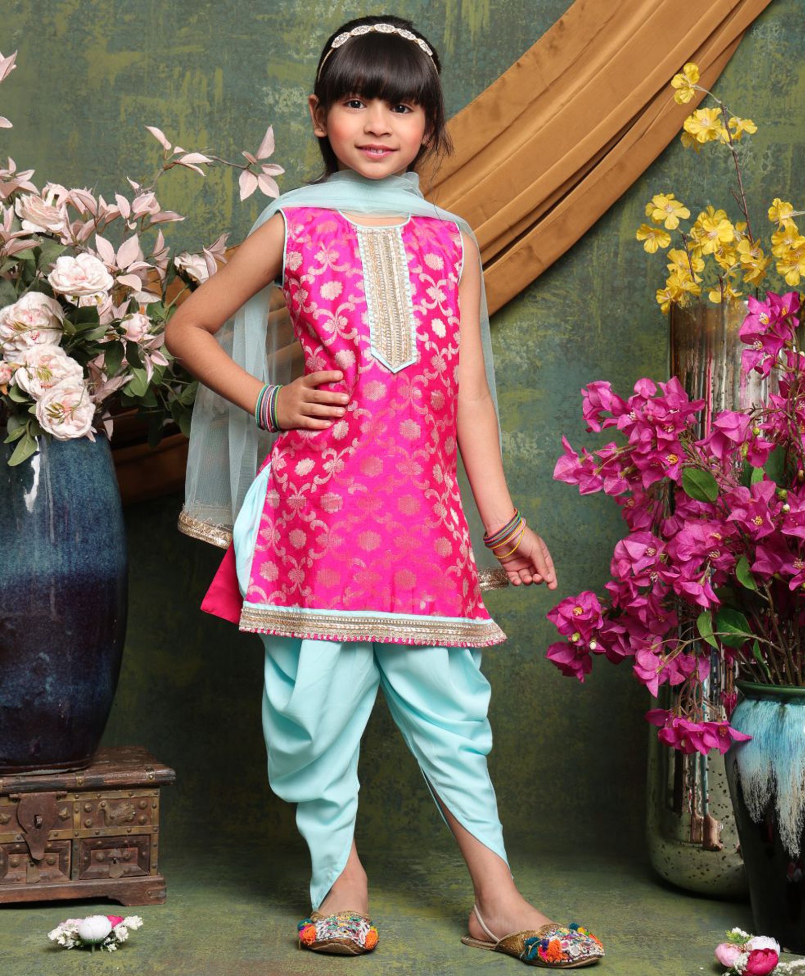 Saka Designs By Sapna Jacquard Woven Sleeveless Floral Foil Printed Gota Lace Embellished Dhoti Kurta With Dupatta Set - Magenta-picture-22