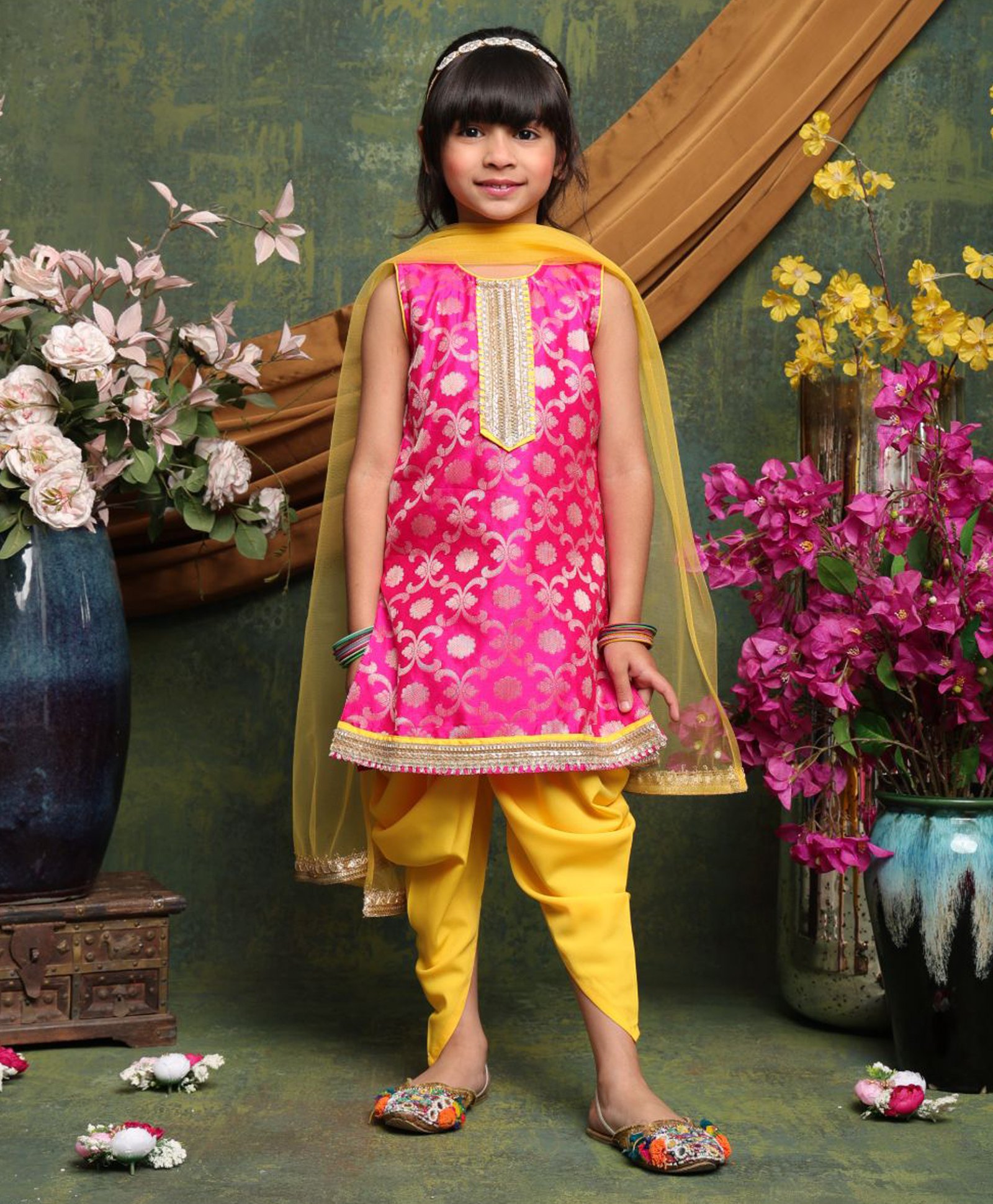 Saka Designs By Sapna Jacquard Woven Sleeveless Floral Foil Printed Gota Lace Embellished Dhoti Kurta With Dupatta Set - Magenta & Yellow-picture-25