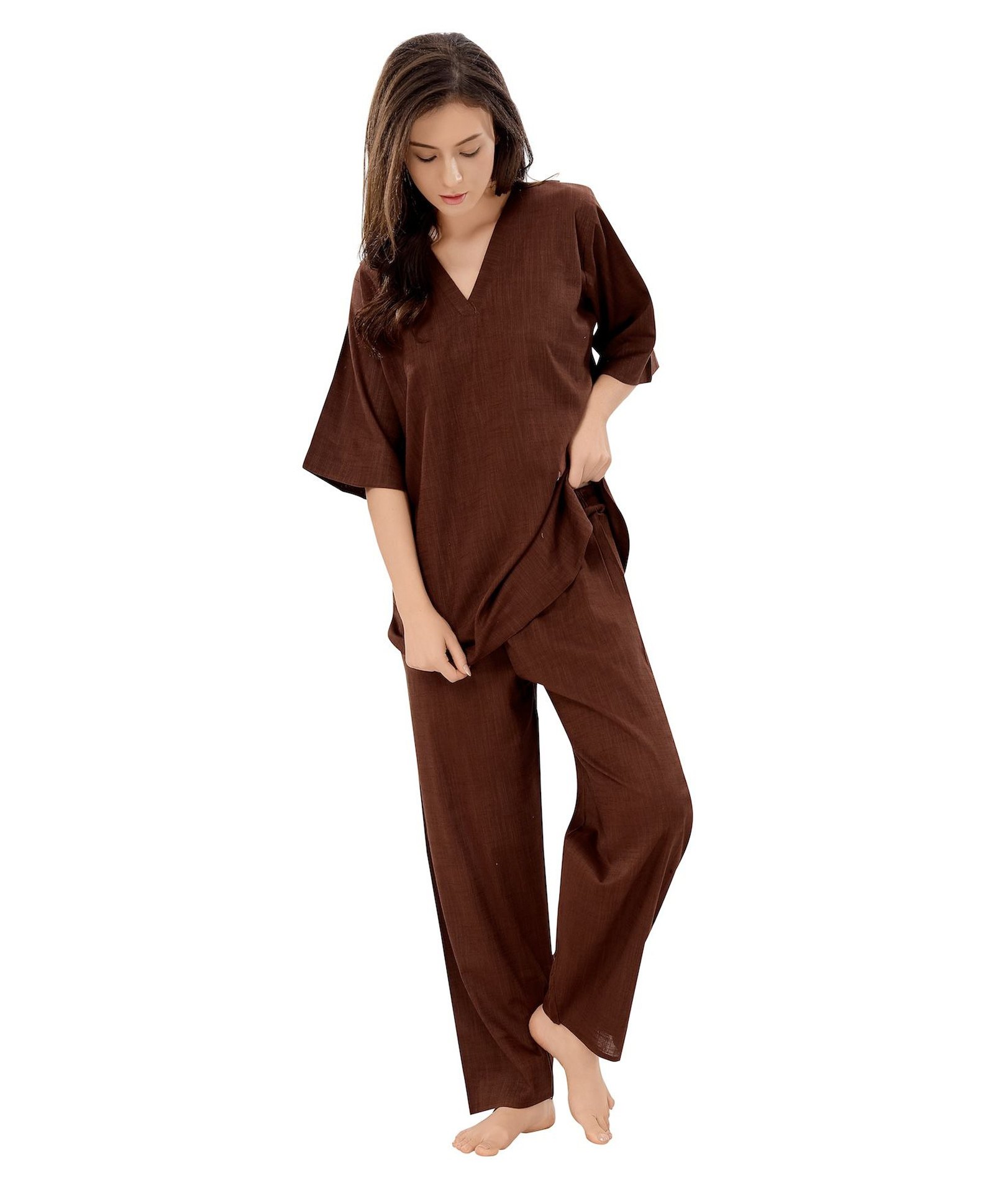 Piu Cotton Woven Three Fourth Sleeves Solid Coordinating Night Suit Set - Brown-picture-37