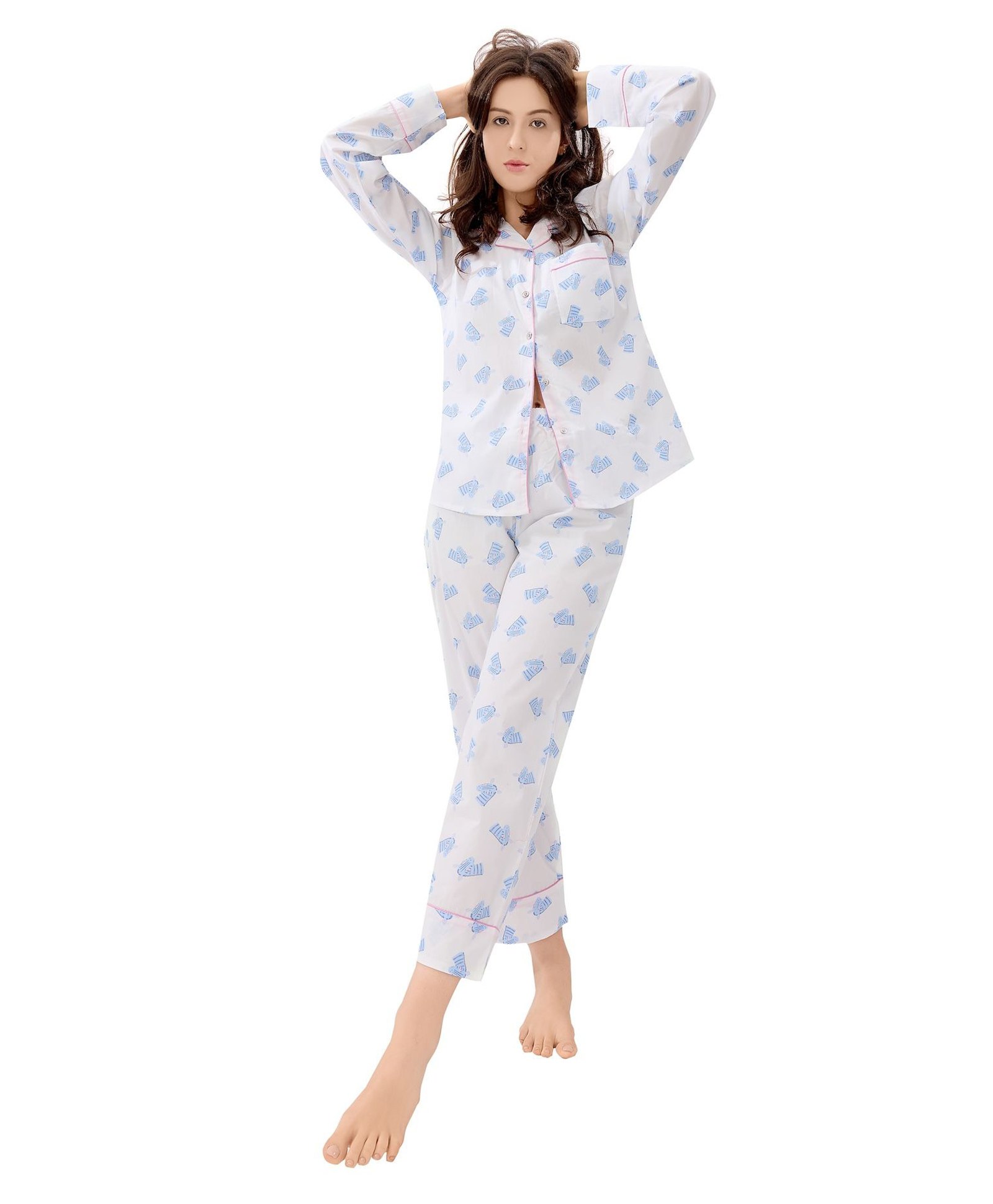 Piu Pure Cotton Woven Full Sleeves Zebra Printed Coordinating Maternity Night Suit Set - White-picture-13
