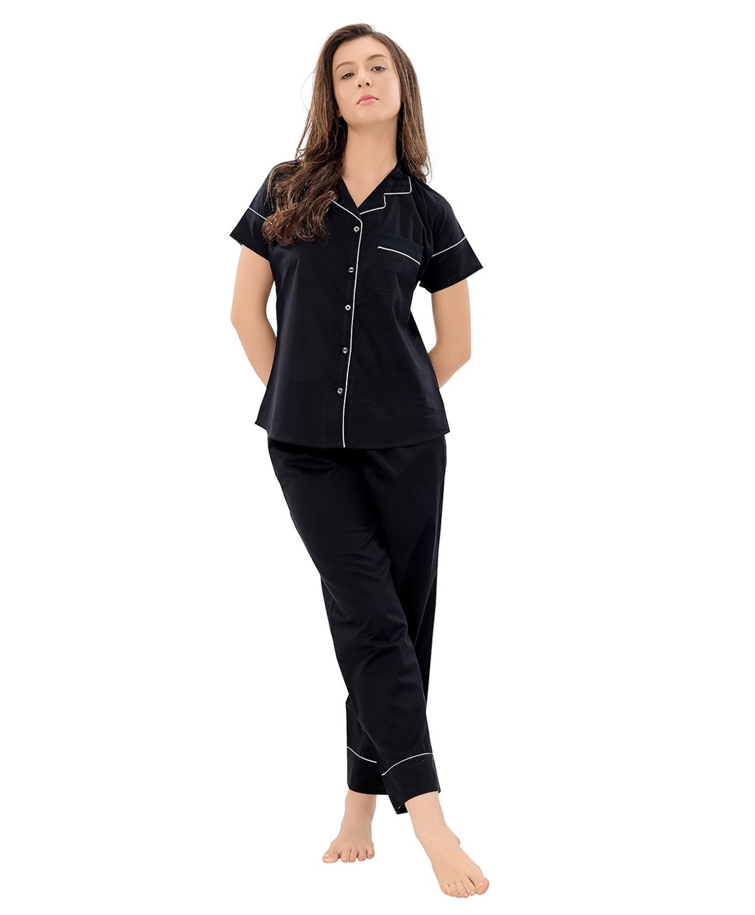 Piu Cotton Woven Half Sleeves Solid Coordinating Maternity Night Suit Set - Black-image-40