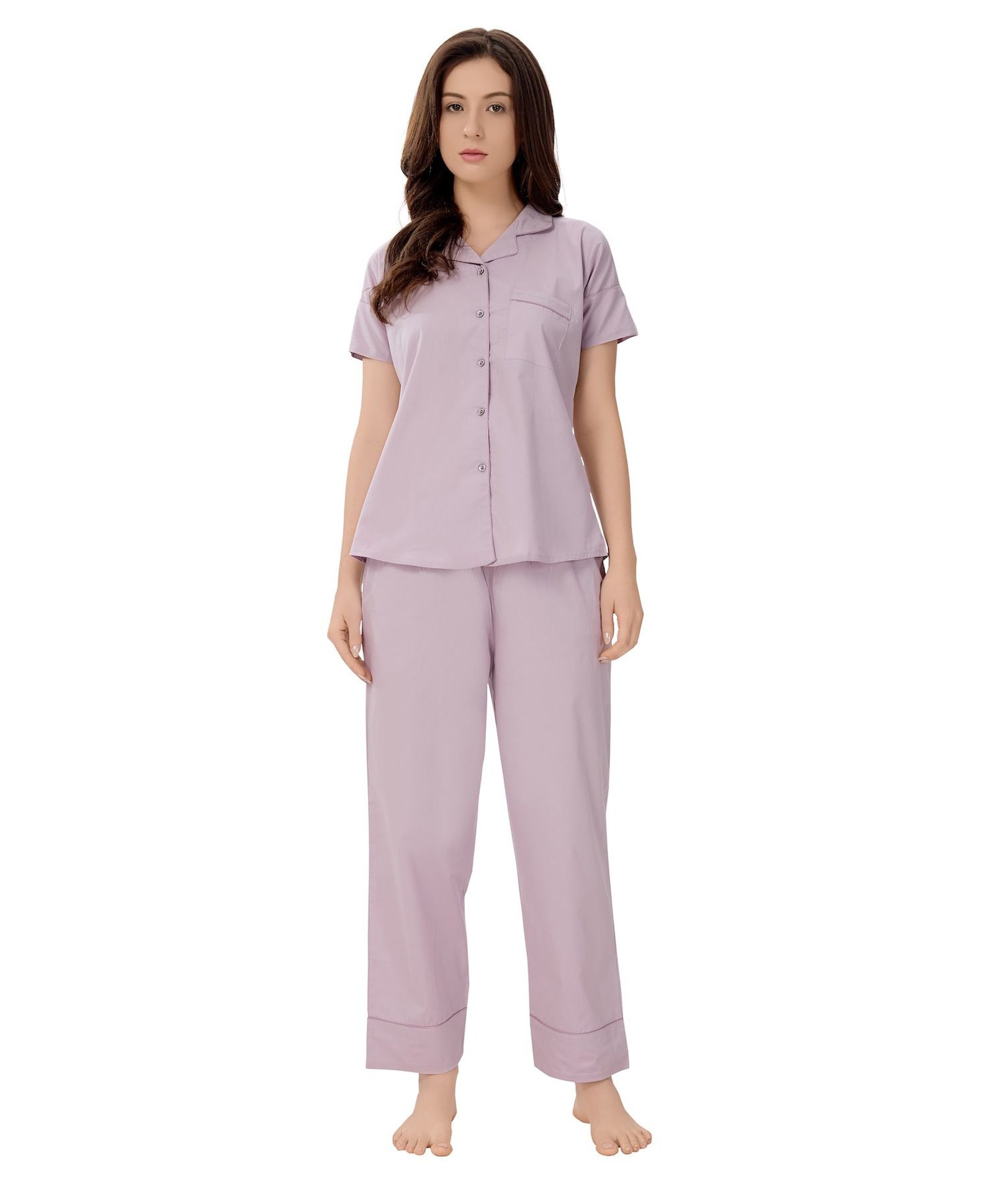 Piu Cotton Woven Half Sleeves Solid Coordinating Maternity Night Suit Set - Mauve-picture-40