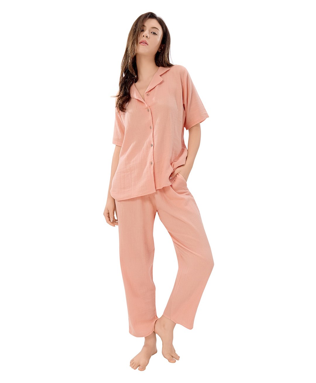 Piu Muslin Woven Half Sleeves Solid Coordinating Maternity Night Suit Set - Peach-picture-35