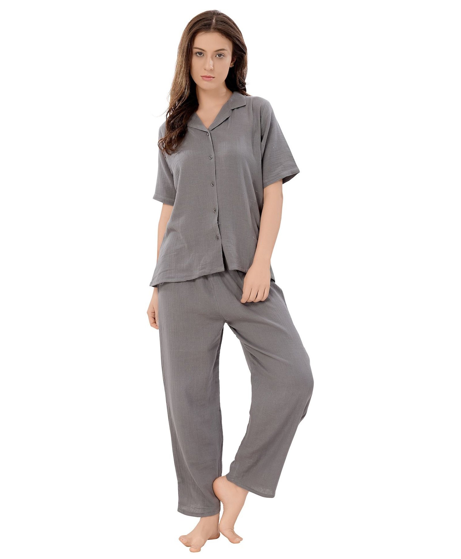 Piu Muslin Woven Half Sleeves Solid Coordinating Maternity Night Suit Set - Grey-image-43