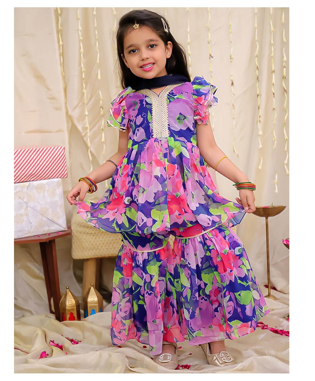 KID1 Georgette Woven Half Flutter Sleeves Floral Printed Lace Embellished Kurta With Shrara & Dupatta Set - Blue-picture-14