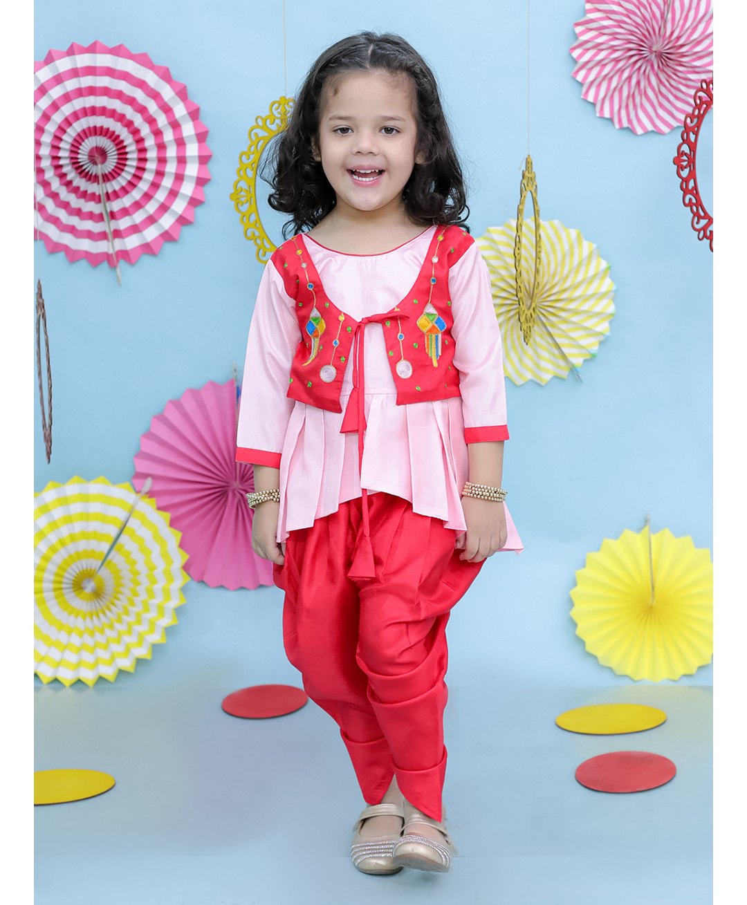 KID1 Silk Blend Woven Three Fourth Sleeves Solid Dhoti Kurta With Attached Lantern Embroidered Jacket Set - Pink-image-9