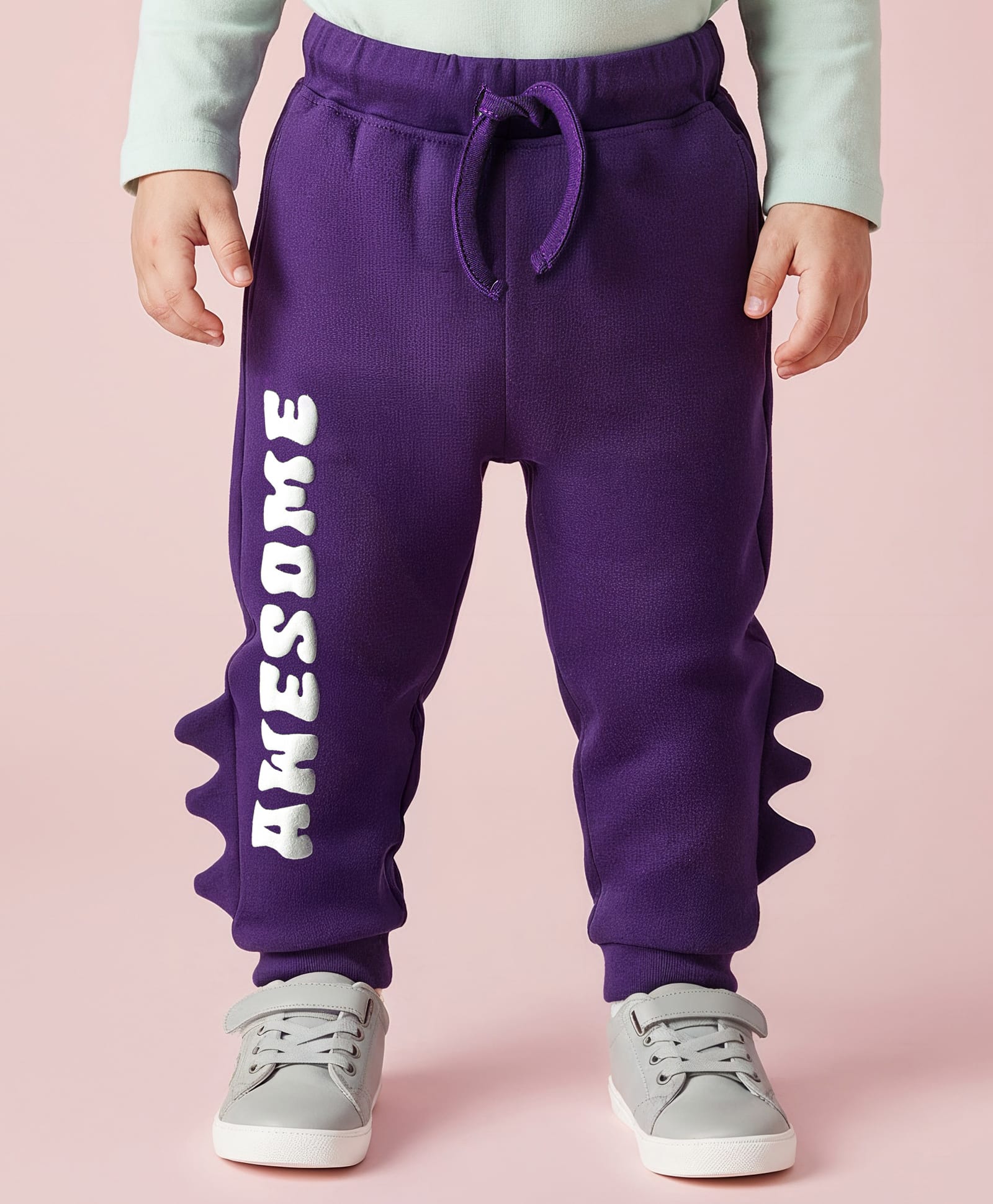 Babyoye 100% Cotton Knit Full Length Lounge Pant With Text Print & 3D Spike Detailing - Purple-picture-24