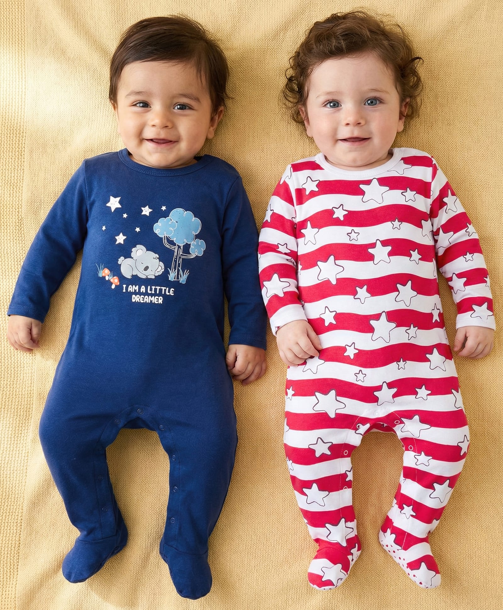 Babyoye 100% Cotton Knit Full Sleeves Sleep Suits with Stars & Animal Print Pack of 2 - Red & Navy Blue