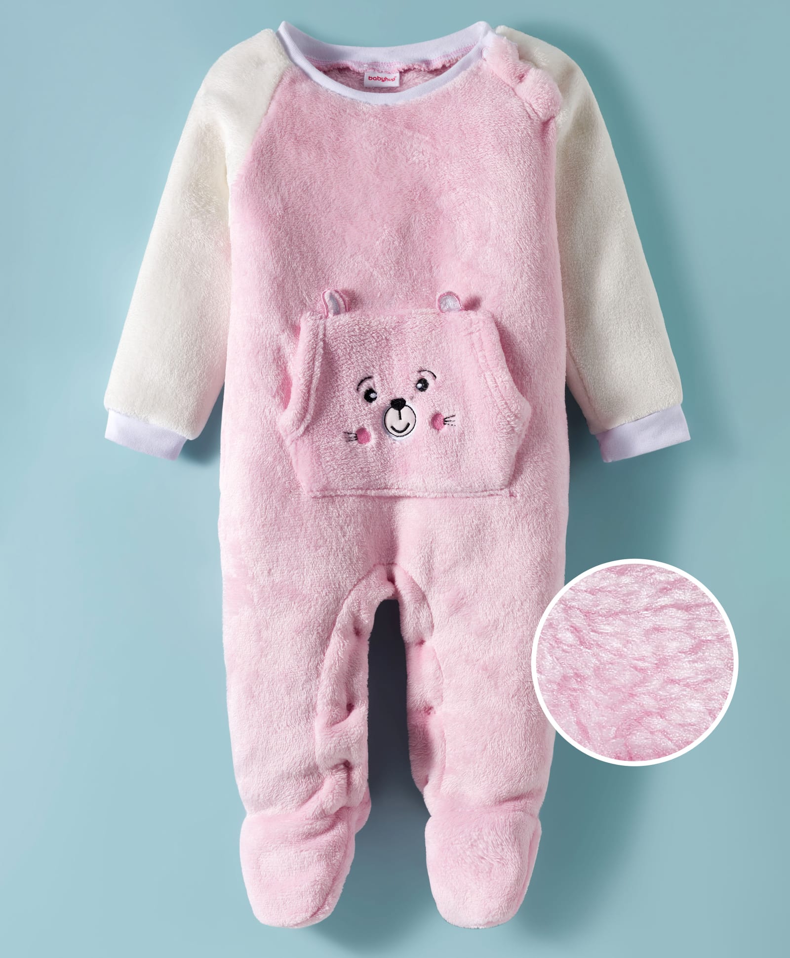Babyhug Fur Knit Full Raglan Sleeves Winter Wear Footed Romper With Animal Embroidery & Kangaroo Pockets - Pink & White-image-22