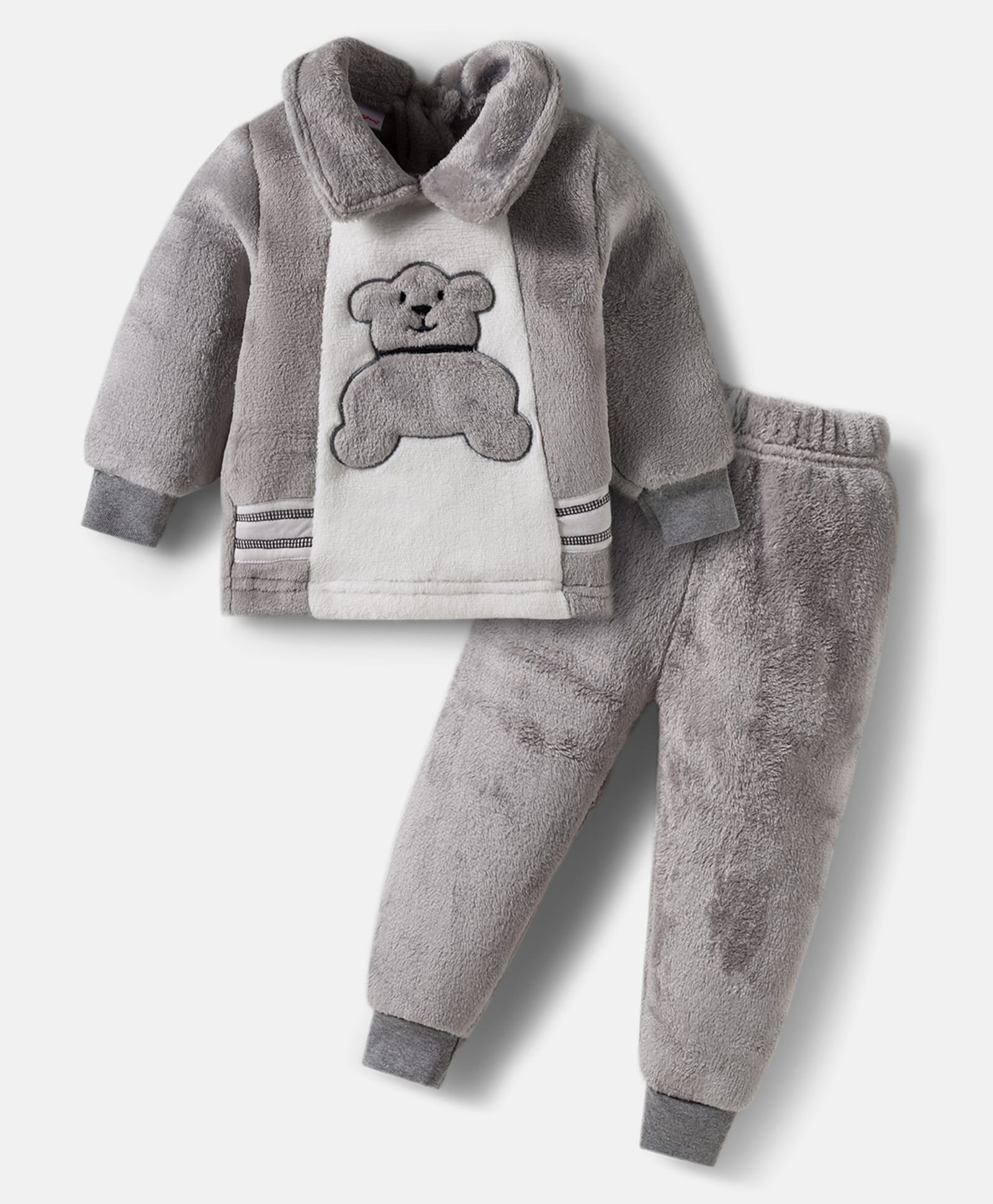 Babyhug Fur Knit Winter Wear Top & Joggers Set With Teddy Embroidery Design - Grey & White-image-27