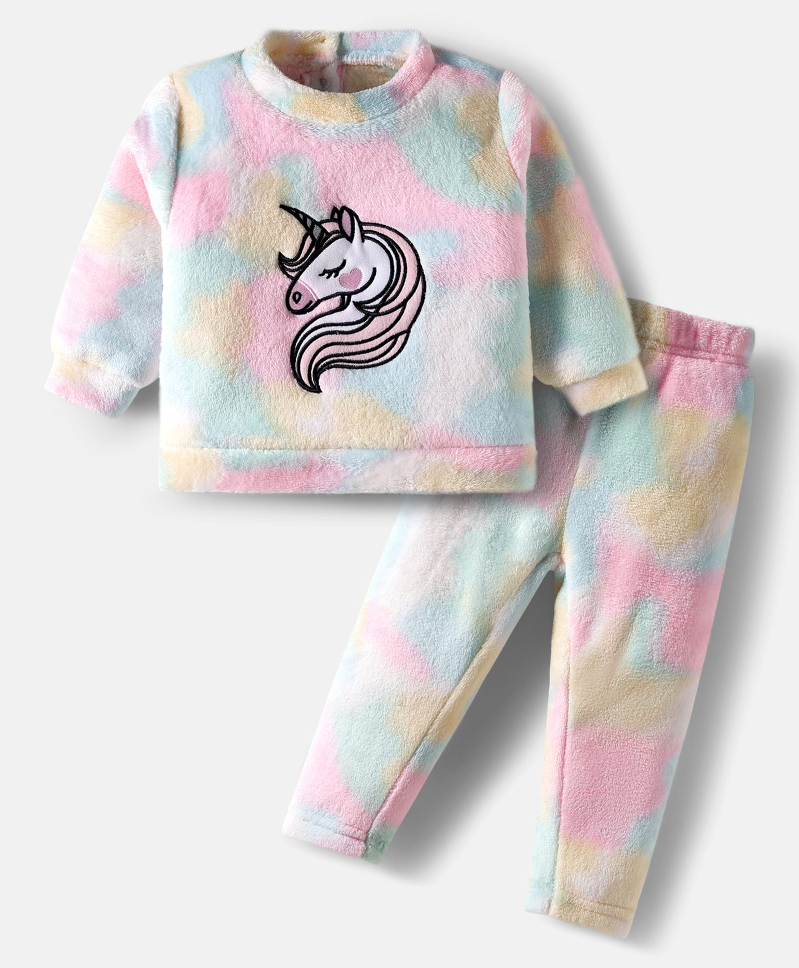 Babyhug Fur Knit Winter Wear Top & Joggers Set With Unicorn Embroidery Design - Pink & Light Blue-image-41