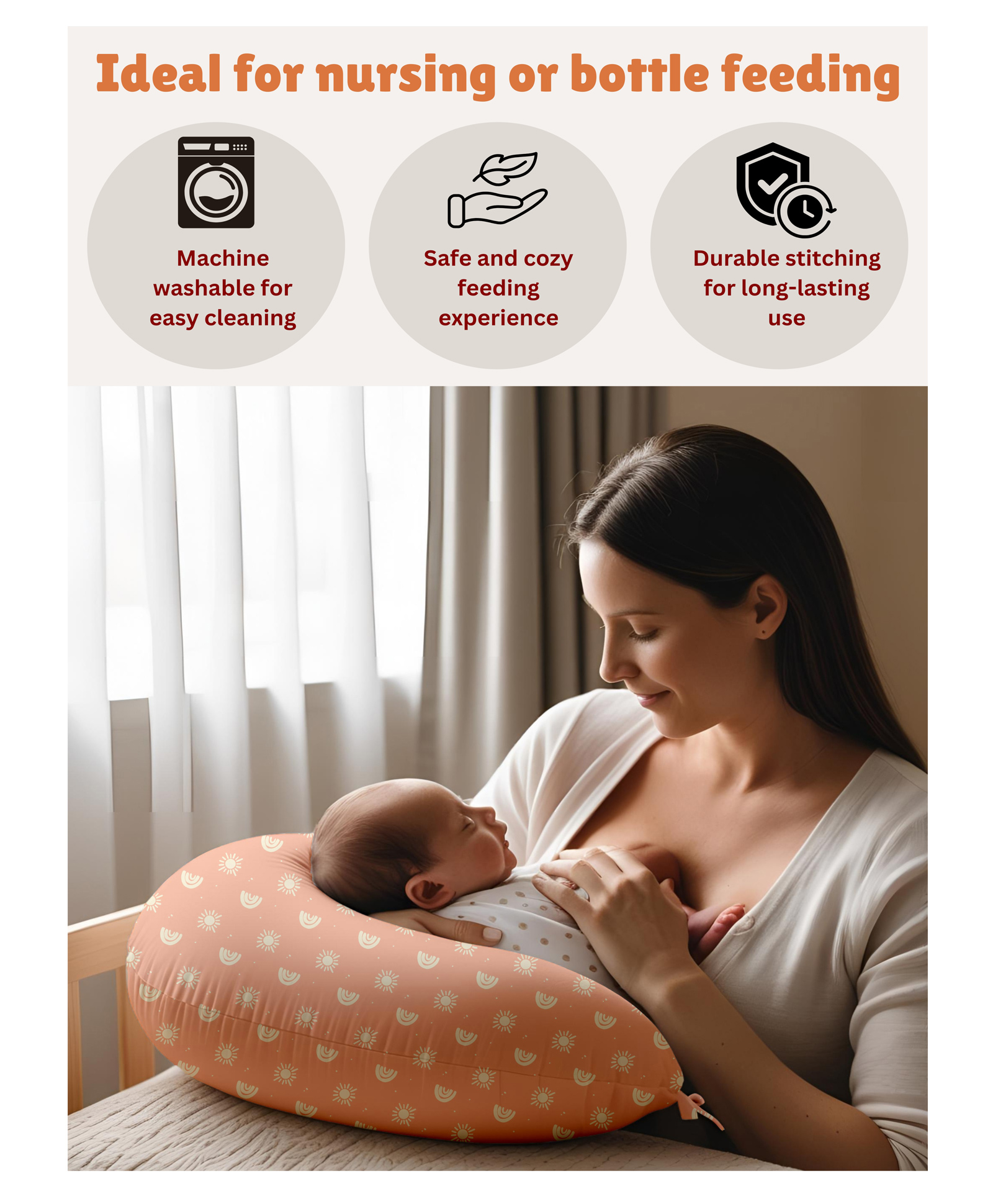 NEW COMERS Newborn Nursing Feeding Pillow, Breastfeeding Pillows with Removable Cover - Peach-image-36