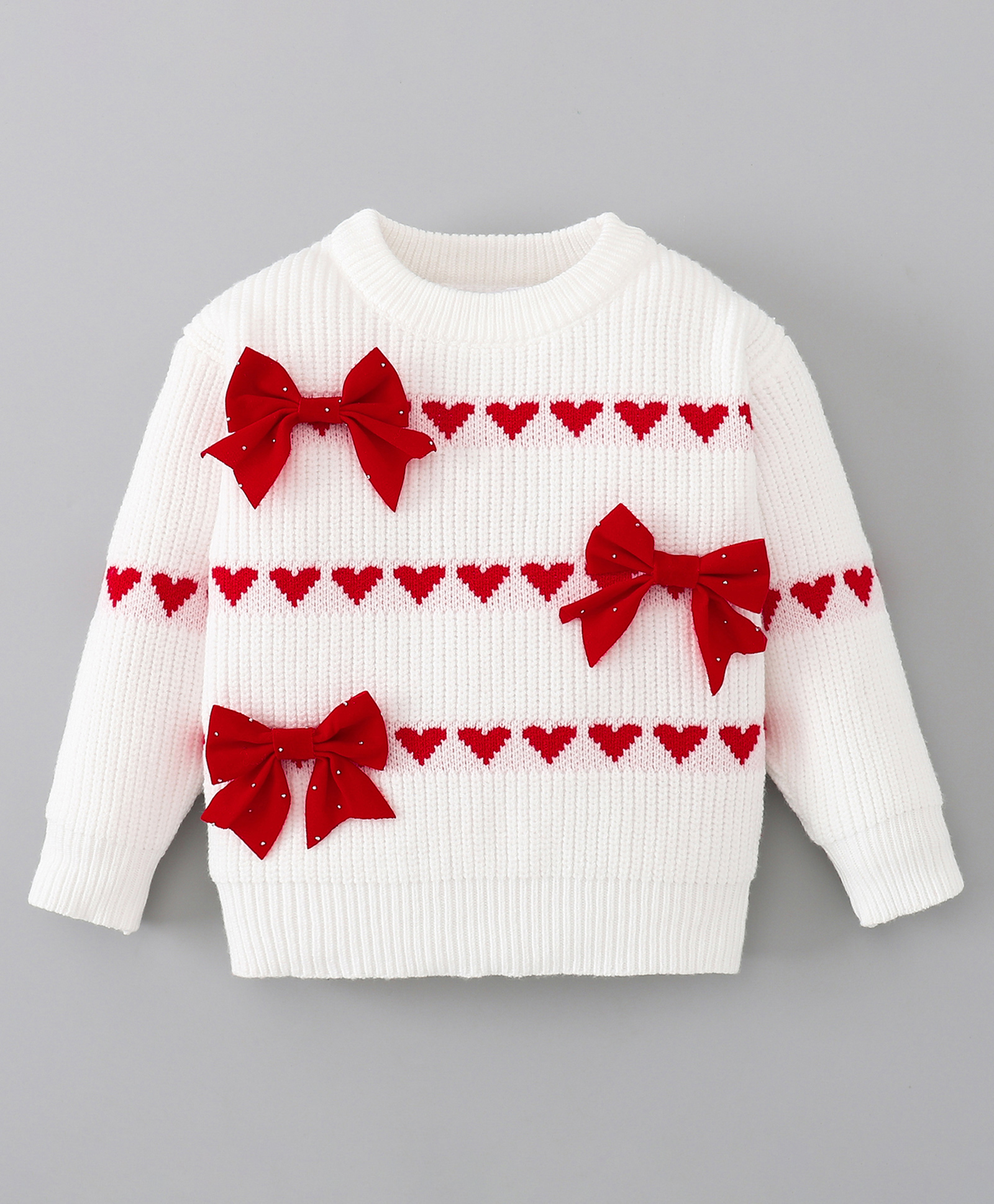 Mark & Mia Viscose Full Sleeves Pullover Sweater with Heart Design & Bow Applique - White-picture-28