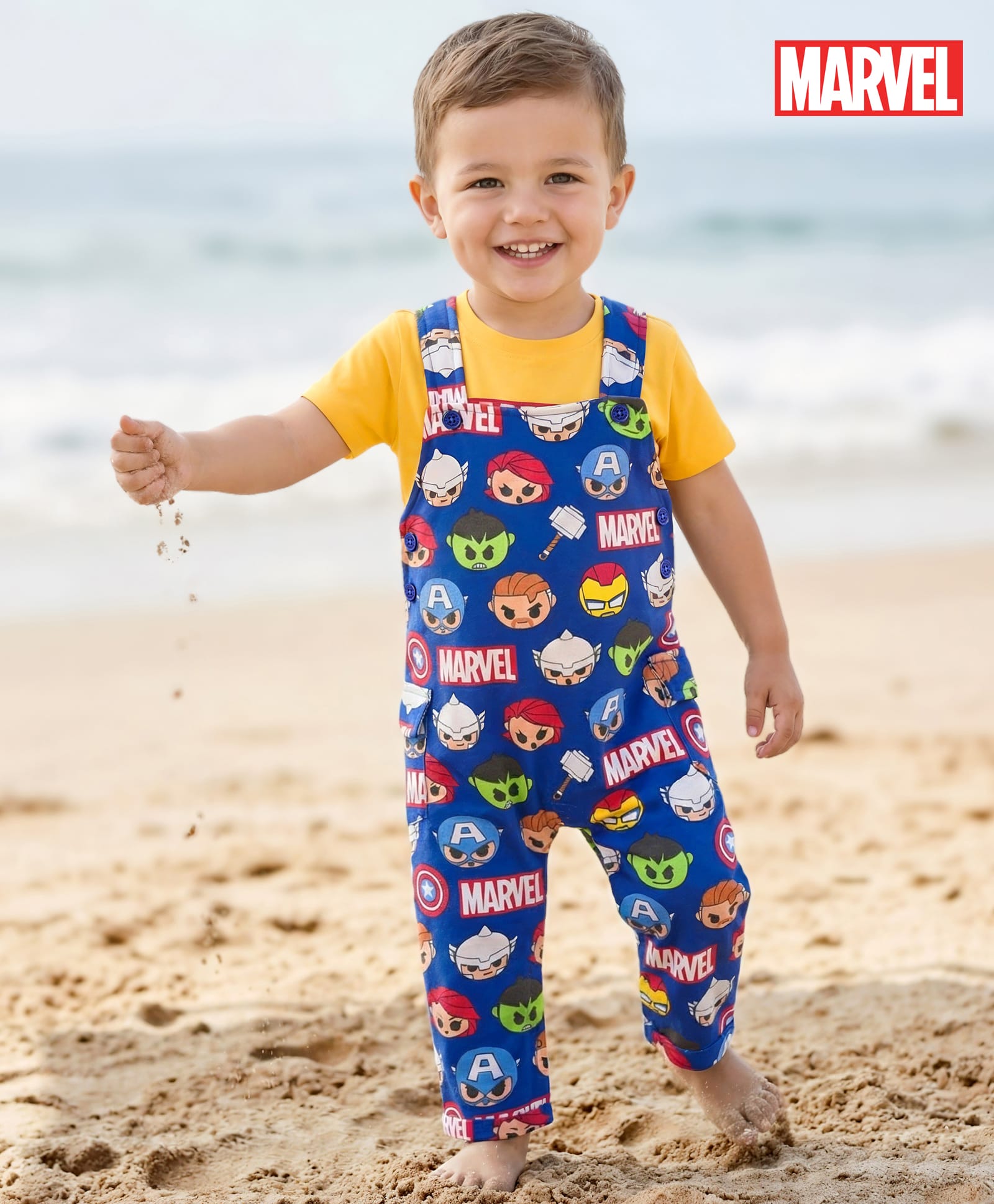Babyhug Marvel Single Jersey Knit Half Sleeve Tee & Dungaree Set with Avengers Print - Yellow & Blue-image-10