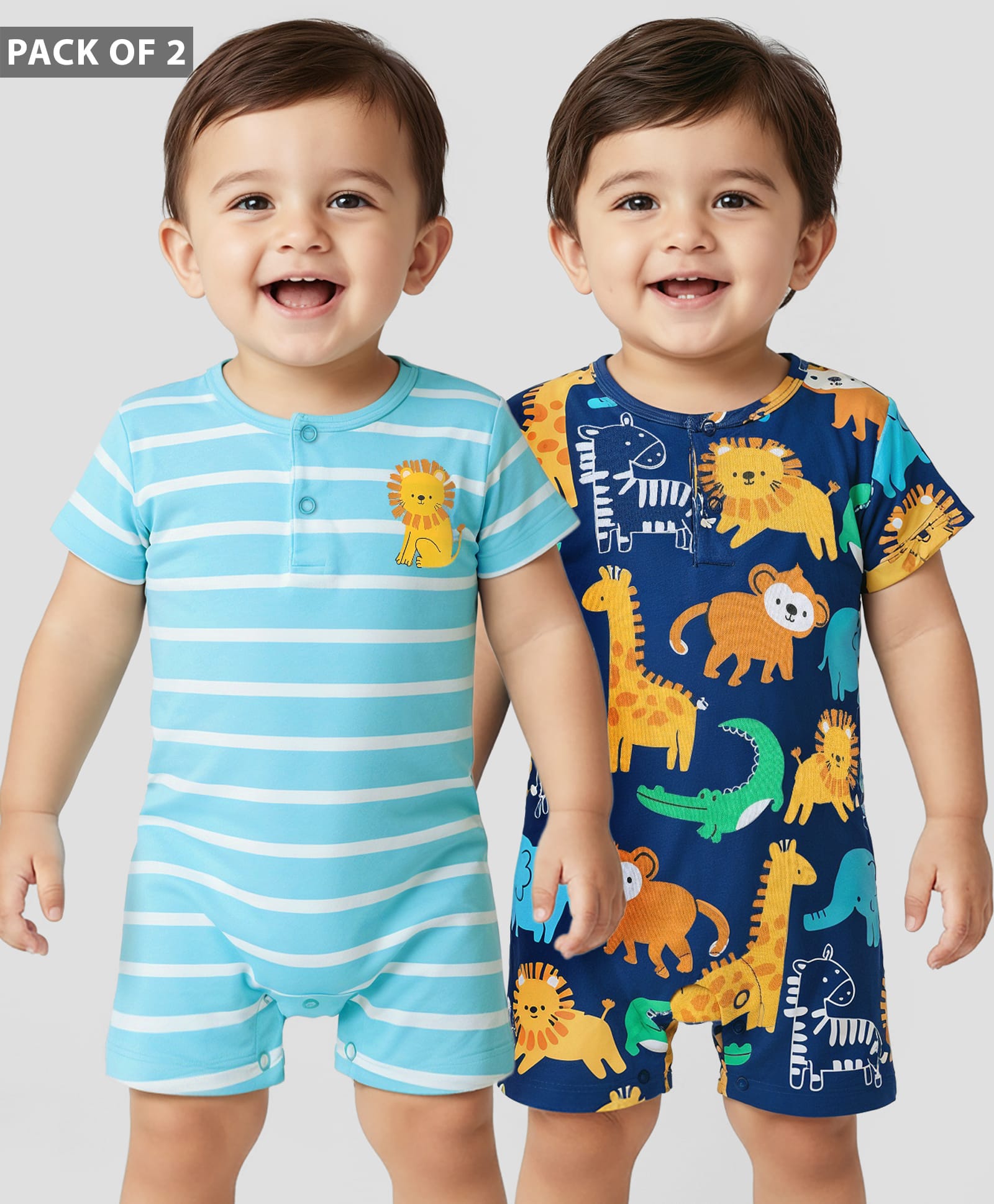 Babyhug 100% Cotton Knit Half Sleeves Striped Rompers with Animal Print Pack of 2 - Light & Navy Blue-image-41