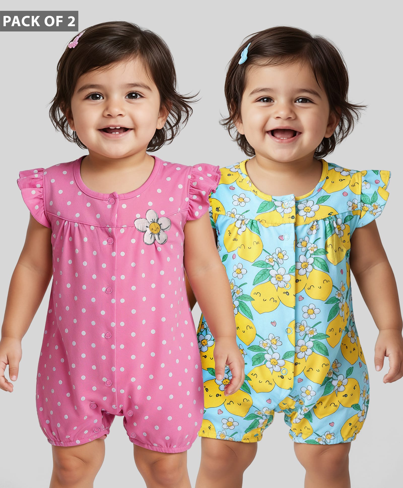 Babyhug 100% Cotton Frill Sleeves Tropical Theme & Polka Dots Printed Romper Pack Of 2 - Pink & Turquoise-image-31
