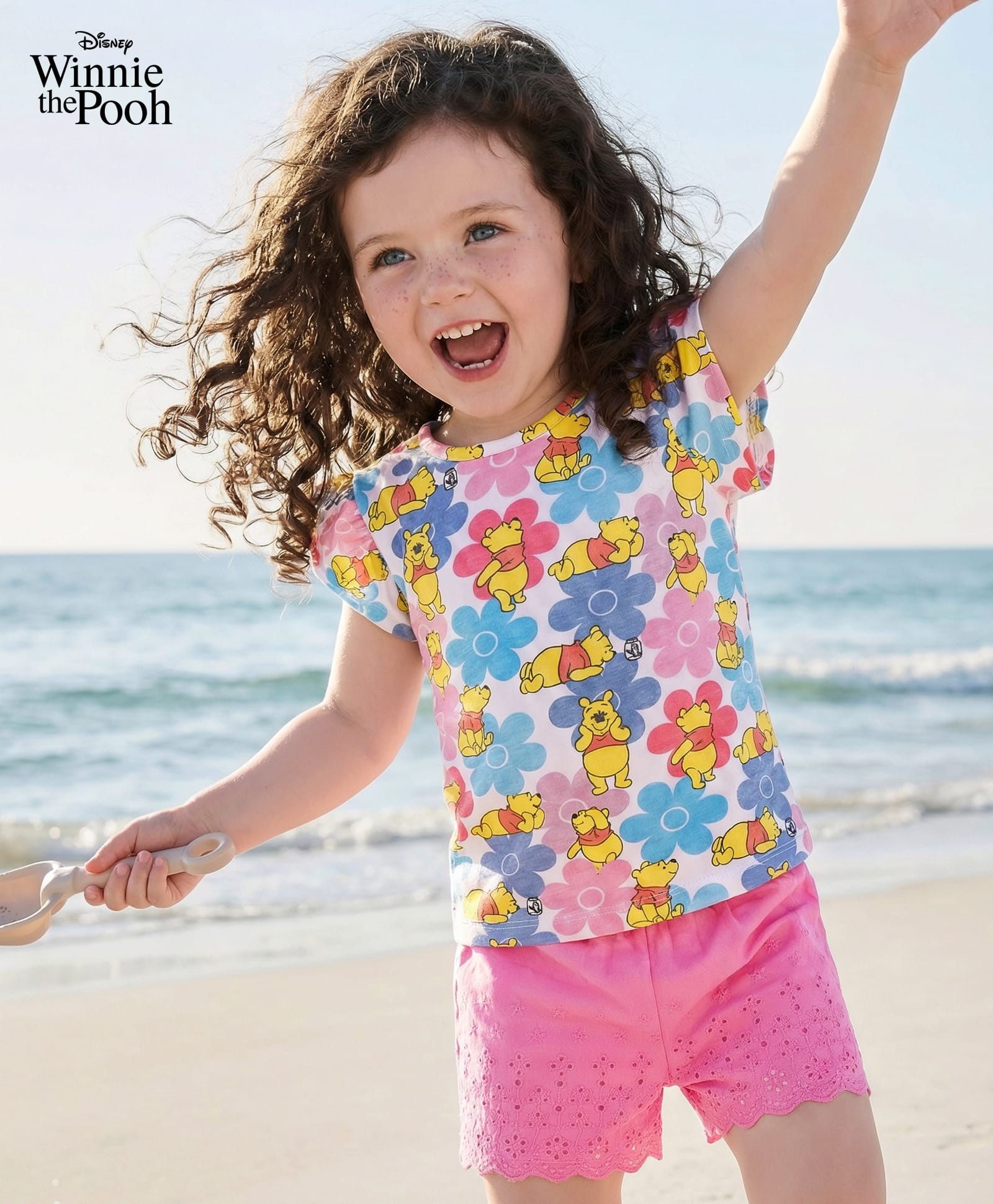 Babyhug Disney Single Jersey Knit Frill Sleeves Top and Shorts with Winnie the Pooh & Floral Print - Pink & Light Blue-image-6