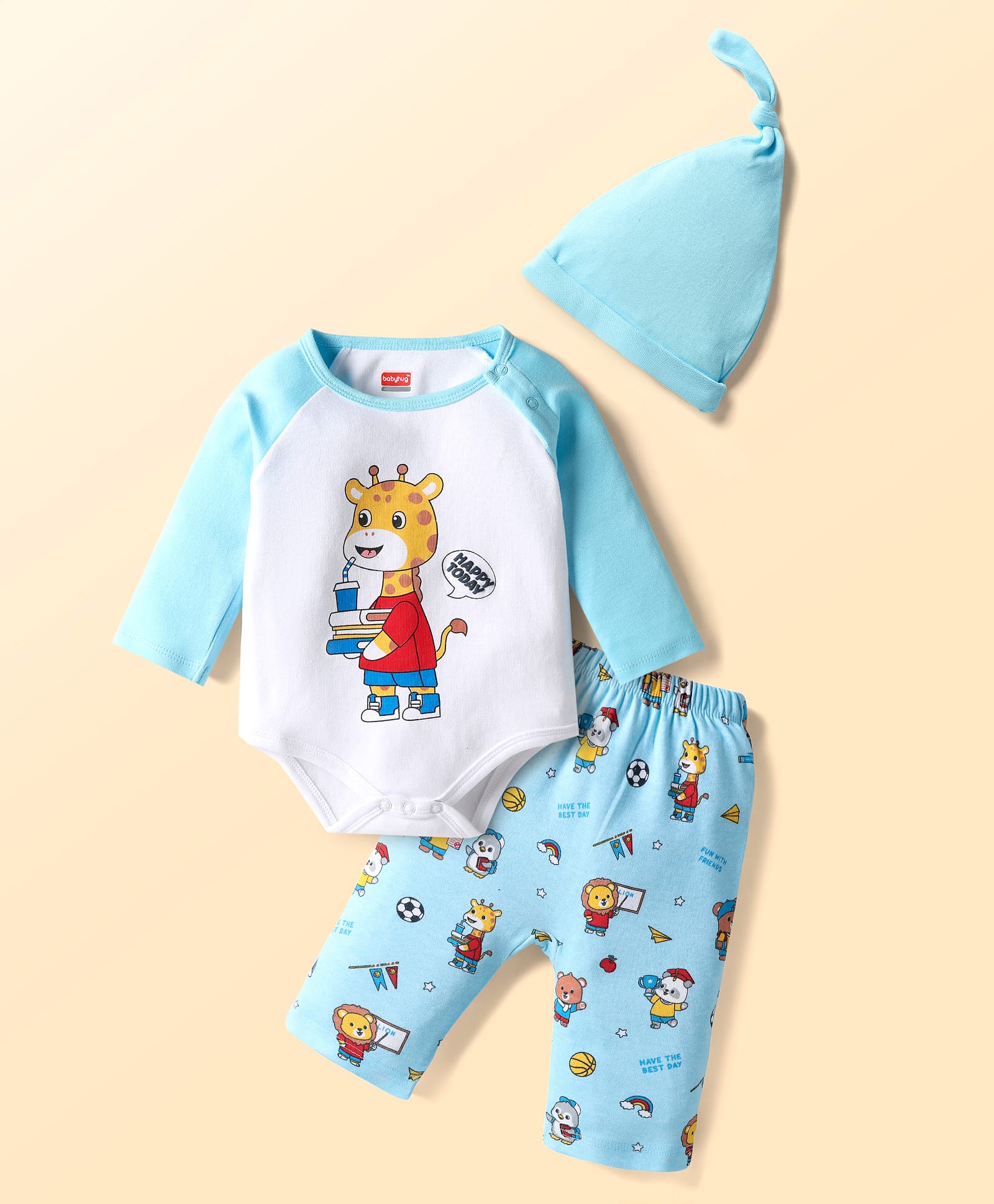 Babyhug 100% Cotton Knit Full Raglan Sleeves Onesies with Leggings & Cap With Teddy Print - Light Blue & White-image-21