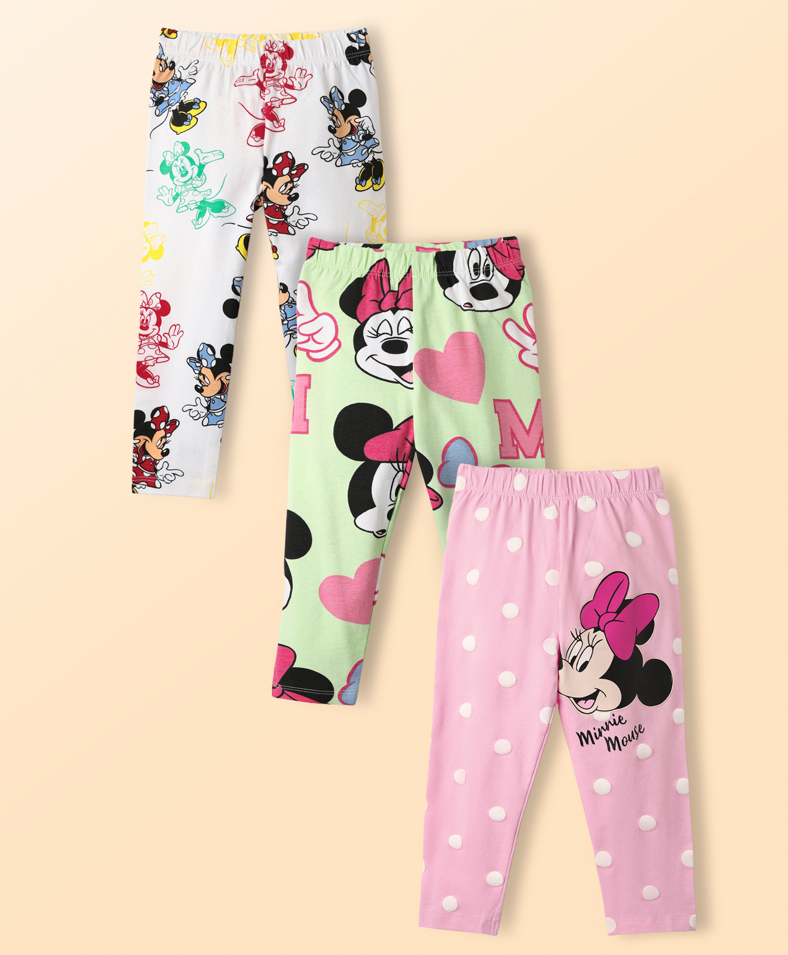 Babyhug Disney Lycra Knit Full Length Leggings with Minnie Mouse Graphics Pack of 3 - Pink Light Green & White-picture-21