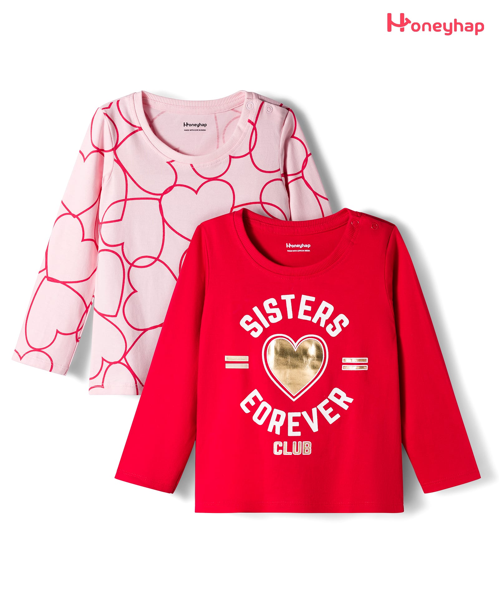 Honeyhap Premium 100% Cotton Knit Full Sleeves Tops with Bio Finish Heart & Text Print Pack of 2 - Salsa & Blushing Bride-image-42