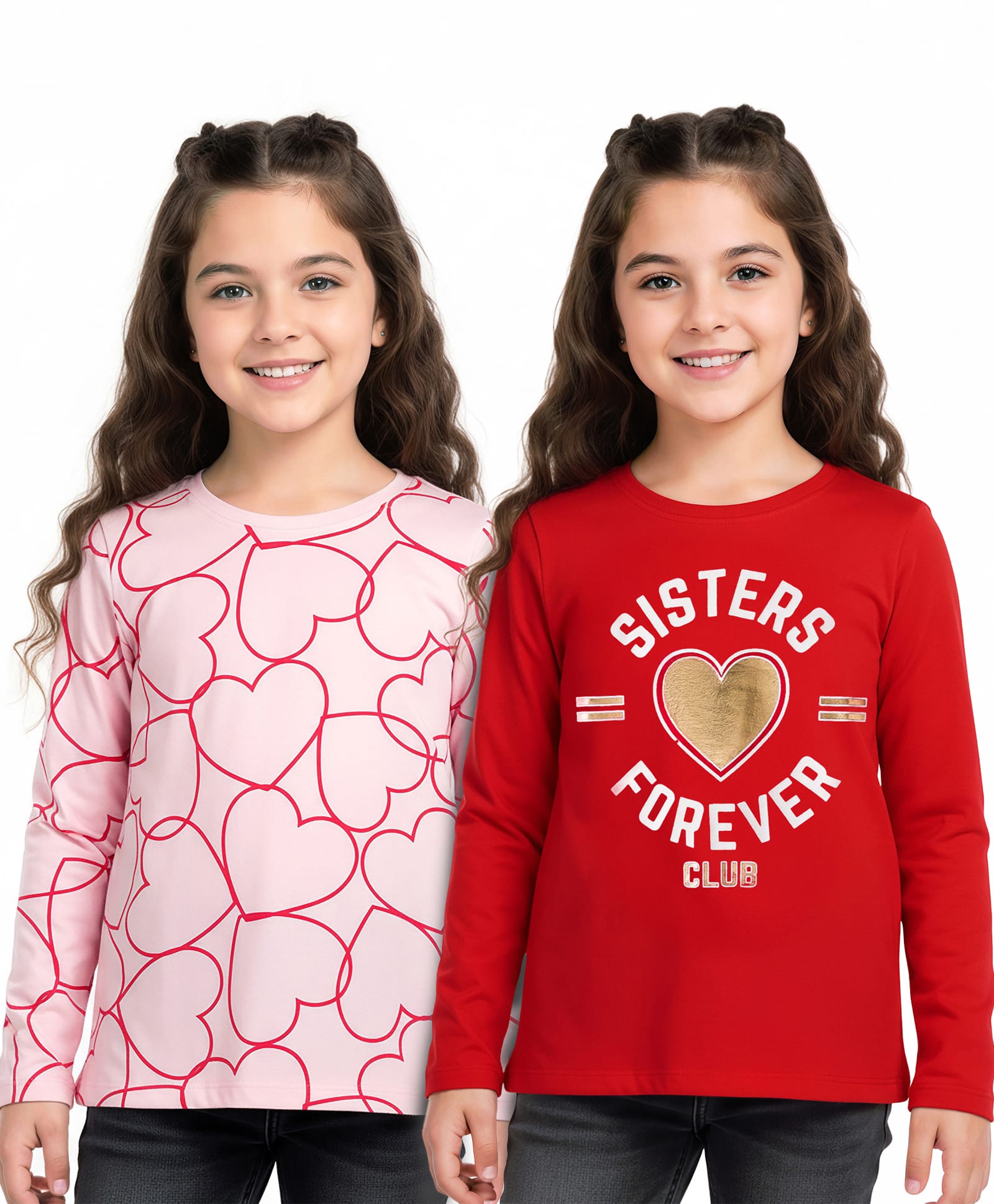 Honeyhap Premium 100% Cotton Knit Full Sleeves Tops with Bio Finish Heart & Text Print Pack of 2 - Salsa & Blushing Bride-picture-27