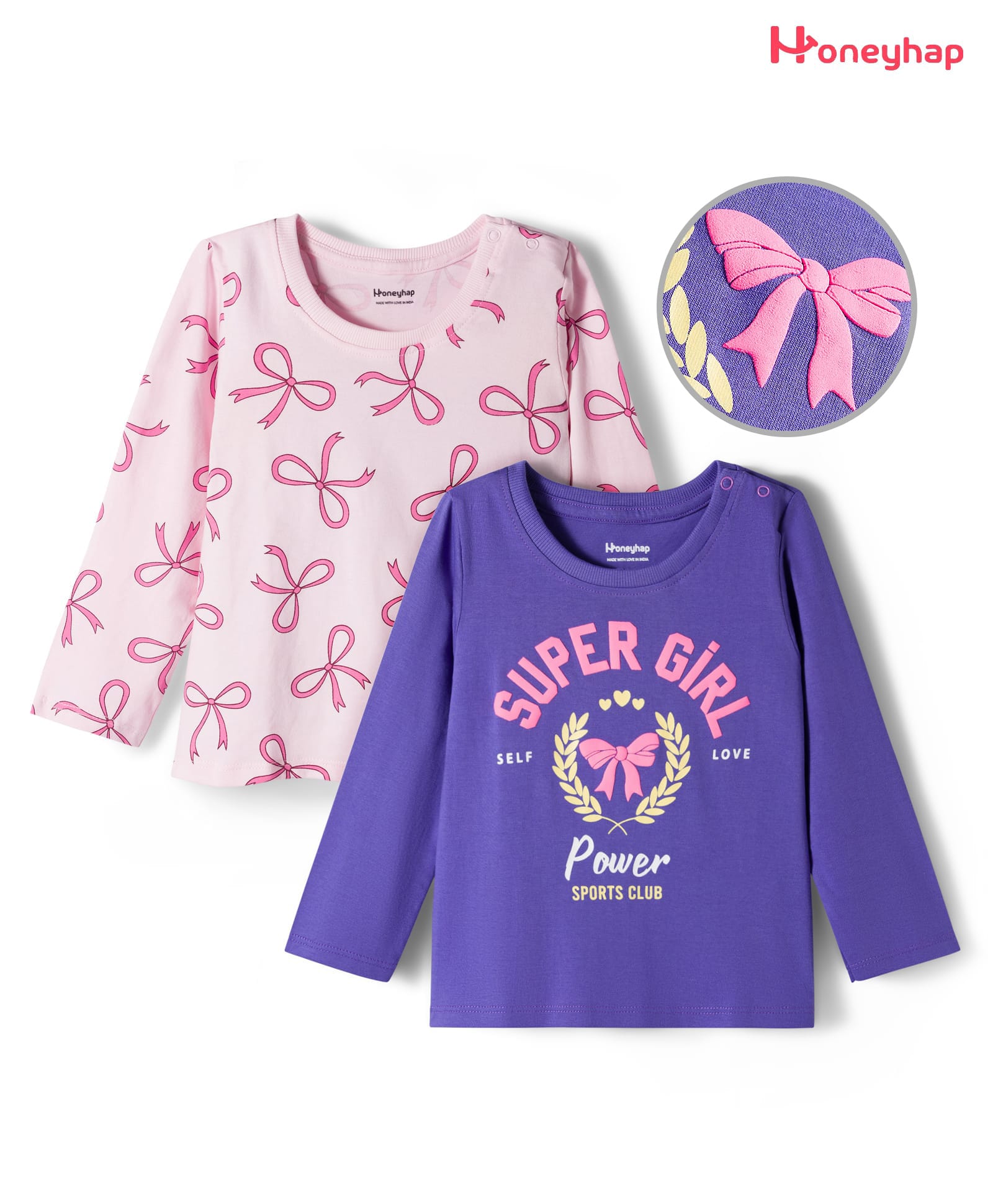 Honeyhap Premium 100% Cotton Knit Full Sleeves Tops with Bio Finish Bow & Text Print Pack of 2 - Ballerina & Liberty-image-20