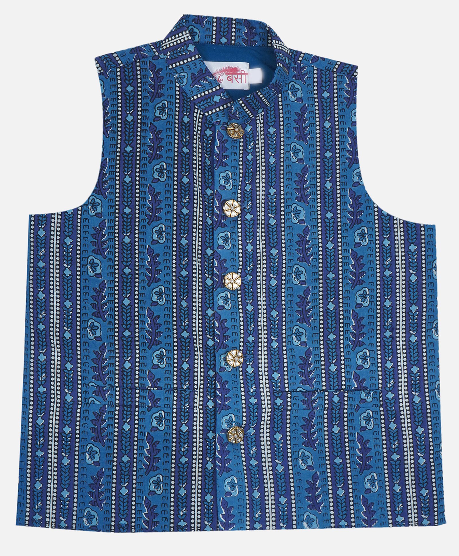 Little Bansi Cotton Woven Sleeveless Floral Printed Nehru Jacket - Blue-picture-5