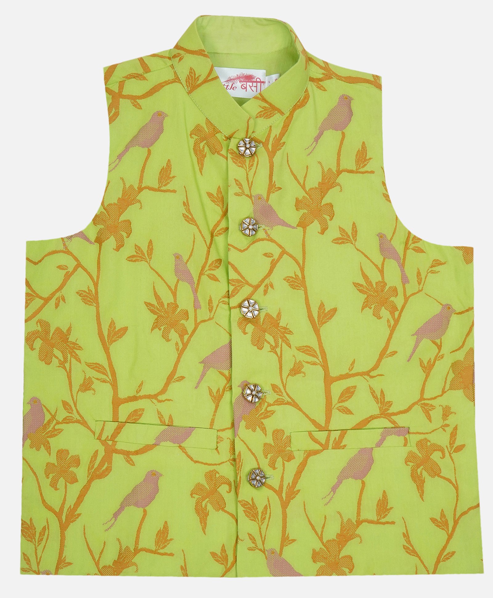 Little Bansi Cotton Woven Sleeveless Floral & Humming Bird Embroidered Nehru Jacket - Parrot Green-picture-22