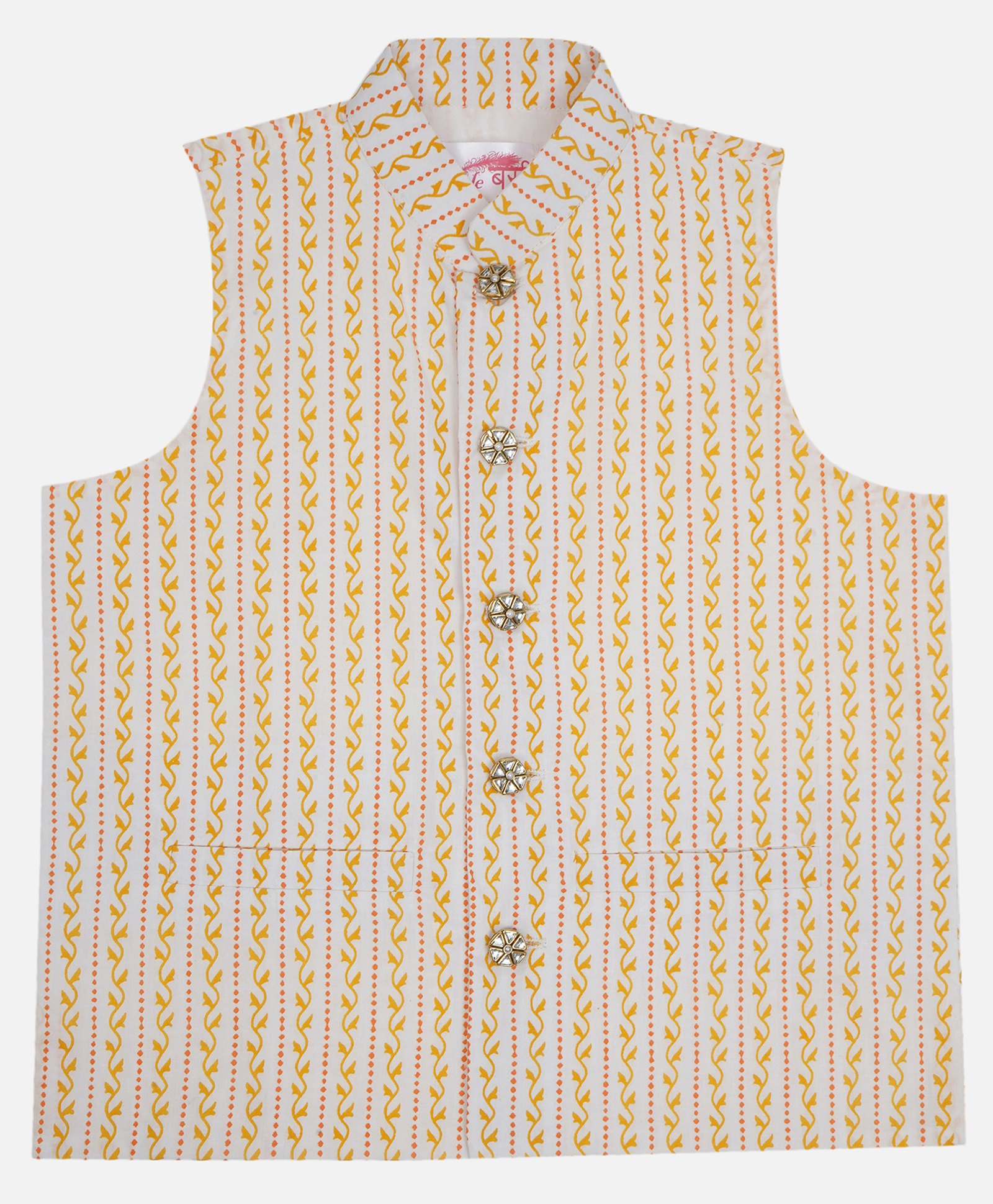 Little Bansi Cotton Woven Sleeveless Swirl Leaves Printed Nehru Jacket - Cream-picture-17