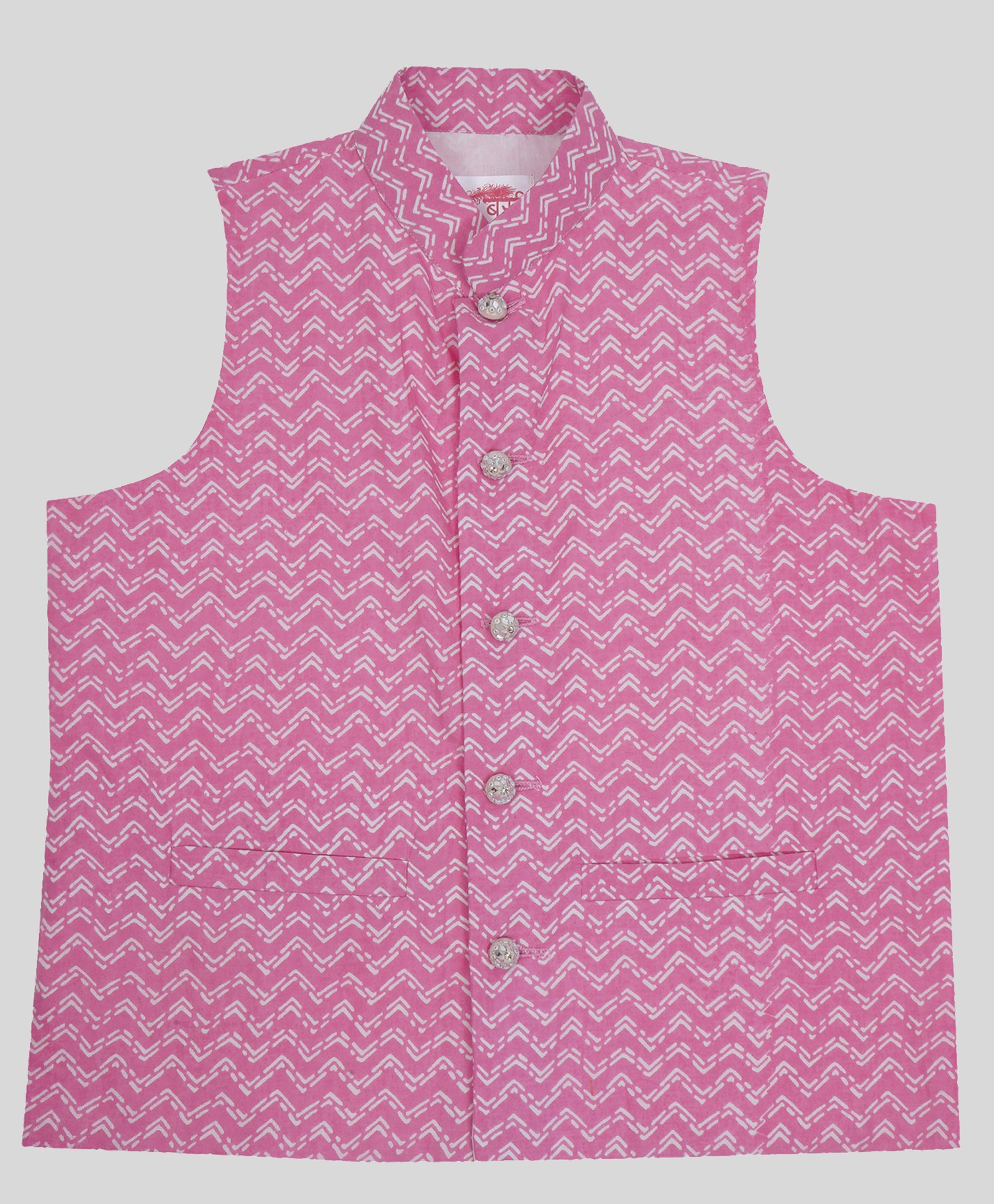 Little Bansi Cotton Woven Sleeveless Chevron Printed Nehru Jacket - Pink-image-46