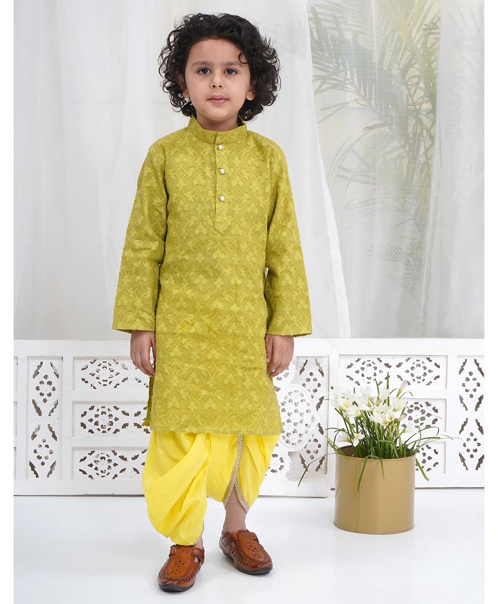 Little Bansi Cotton Woven Full Sleeves Floral Embroidered & Gota Lace Embellished Kurta & Dhoti Set - Green-picture-20