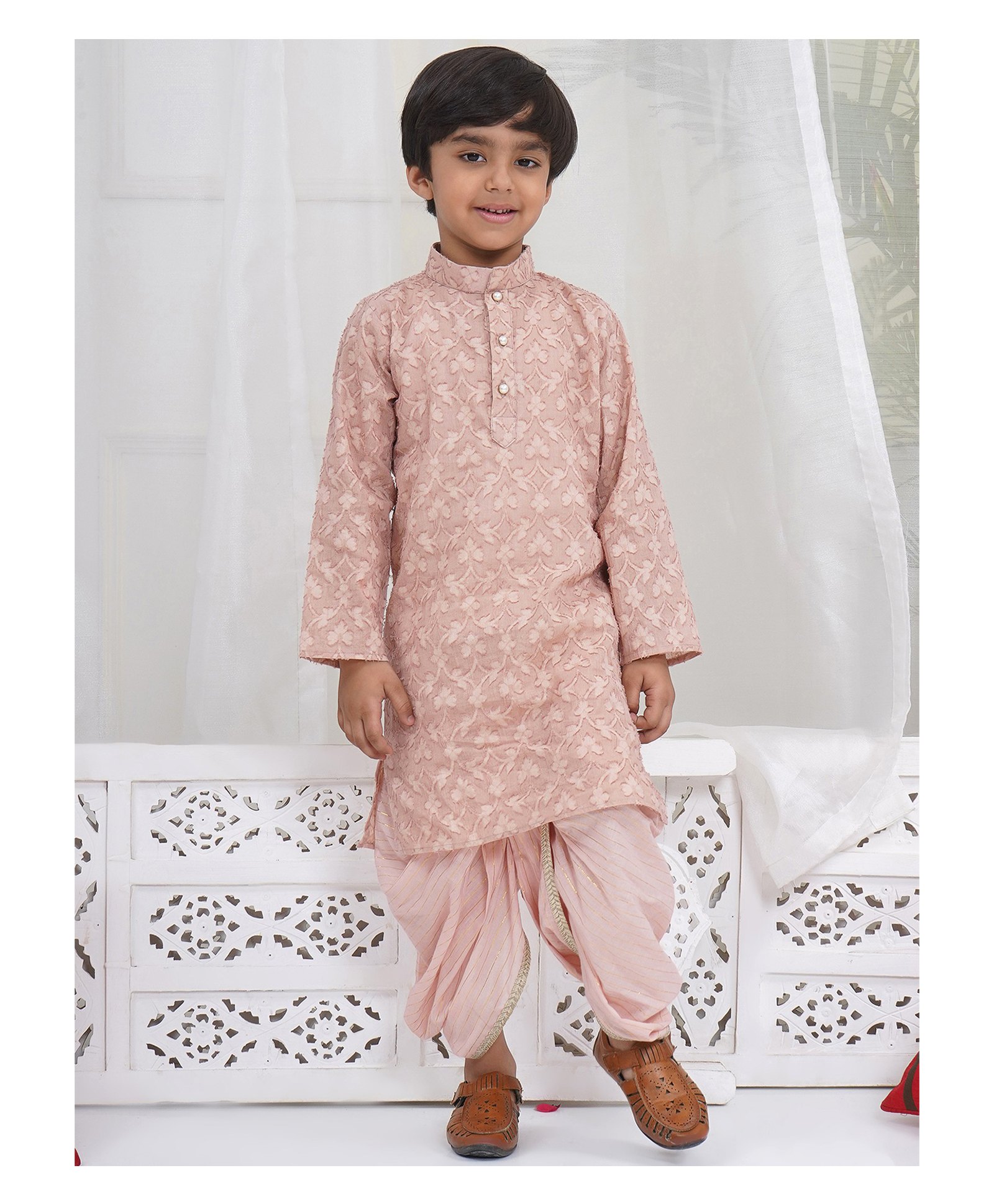 Little Bansi Cotton Woven Full Sleeves Leaves Embroidered & Pearls Embellished Kurta & Dhoti Set - Mocha Brown-picture-19