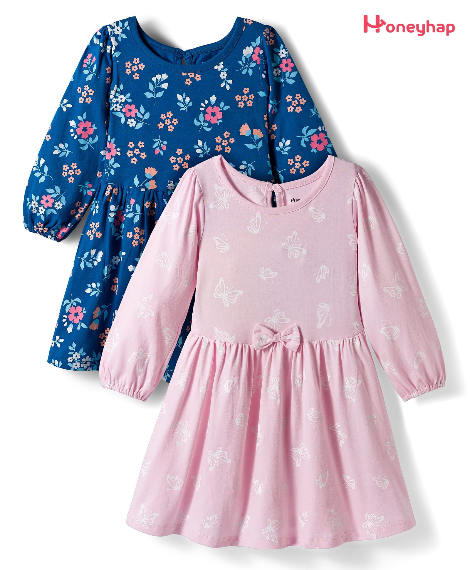 Honeyhap Premium 100% Cotton Knit Bio Finish Full Sleeves Frocks with Floral Print and Bow Applique Pack of 2 - Mykonos Blue & Fuchsia Pink-image-26