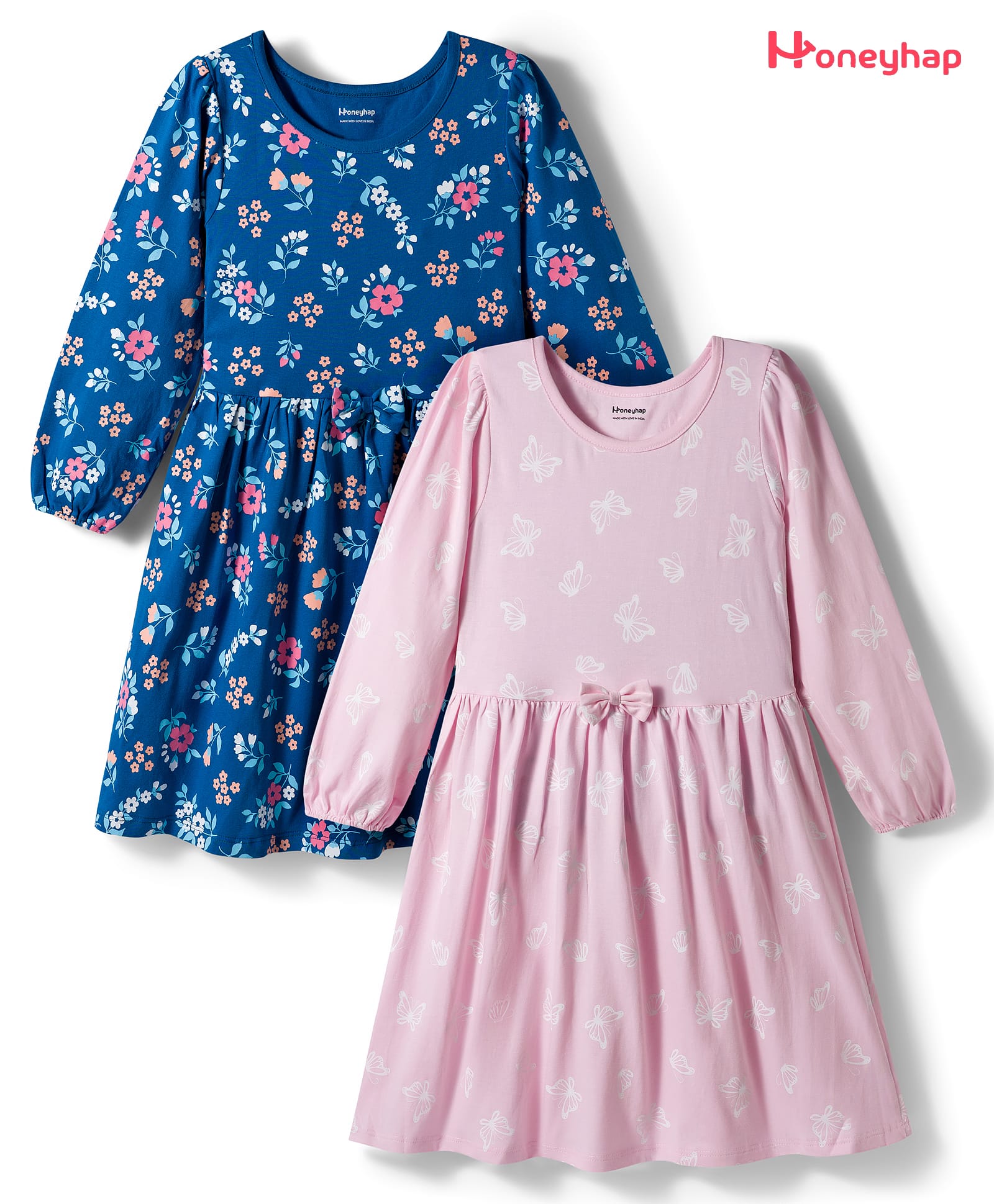 Honeyhap Premium 100% Cotton Knit Bio Finish Full Sleeves Frocks with Floral Print and Bow Applique Pack of 2 - Mykonos Blue & Fuchsia Pink-image-6