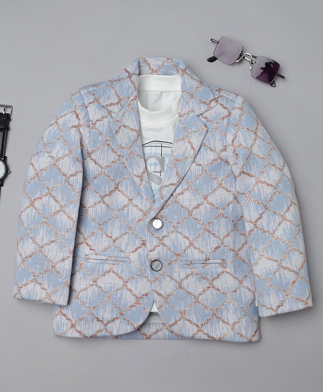 Radutu Full Sleeves Abstract Printed Textured Blazer With Tee - Blue & White-picture-25