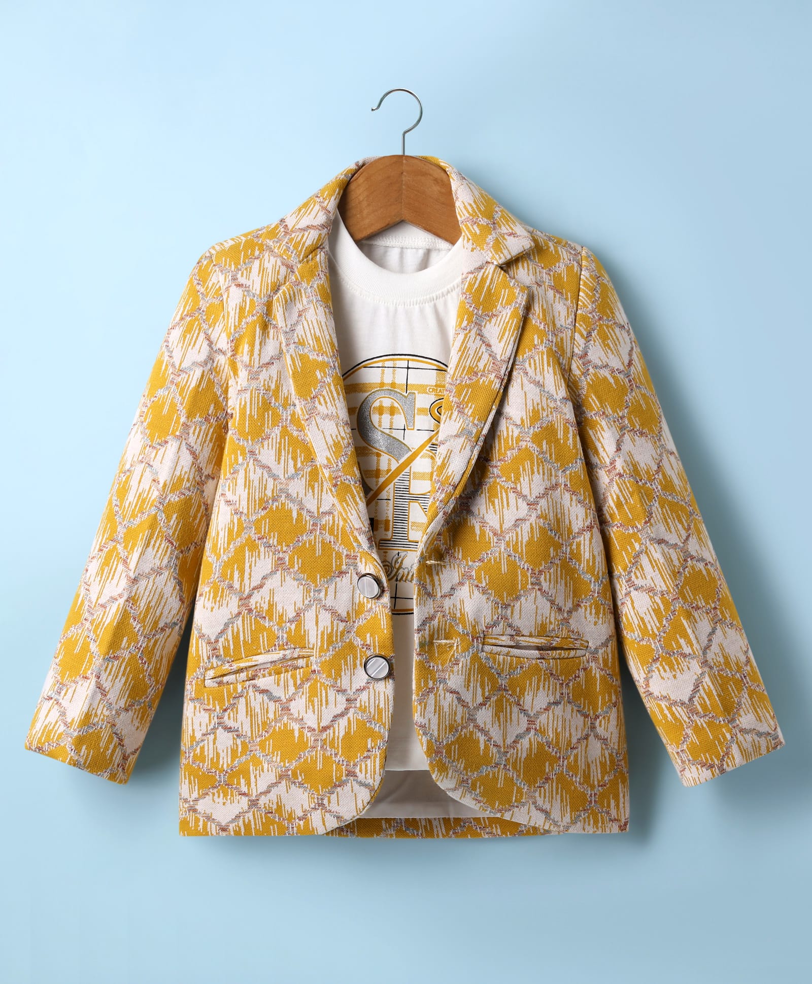 Radutu Full Sleeves Abstract Printed Textured Blazer With Tee - Yellow & White-picture-26