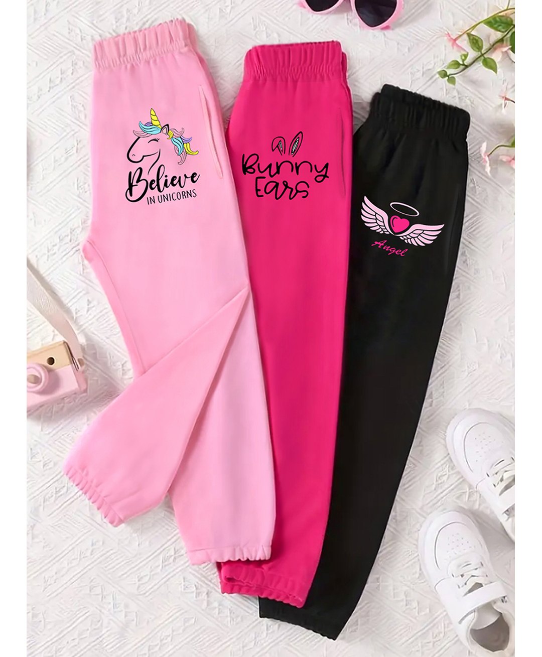 Trampoline Cotton Blend Knit Pack Of 3 Bunny Ears Text & Unicorn Printed Track Pant - Multi Colour-picture-15