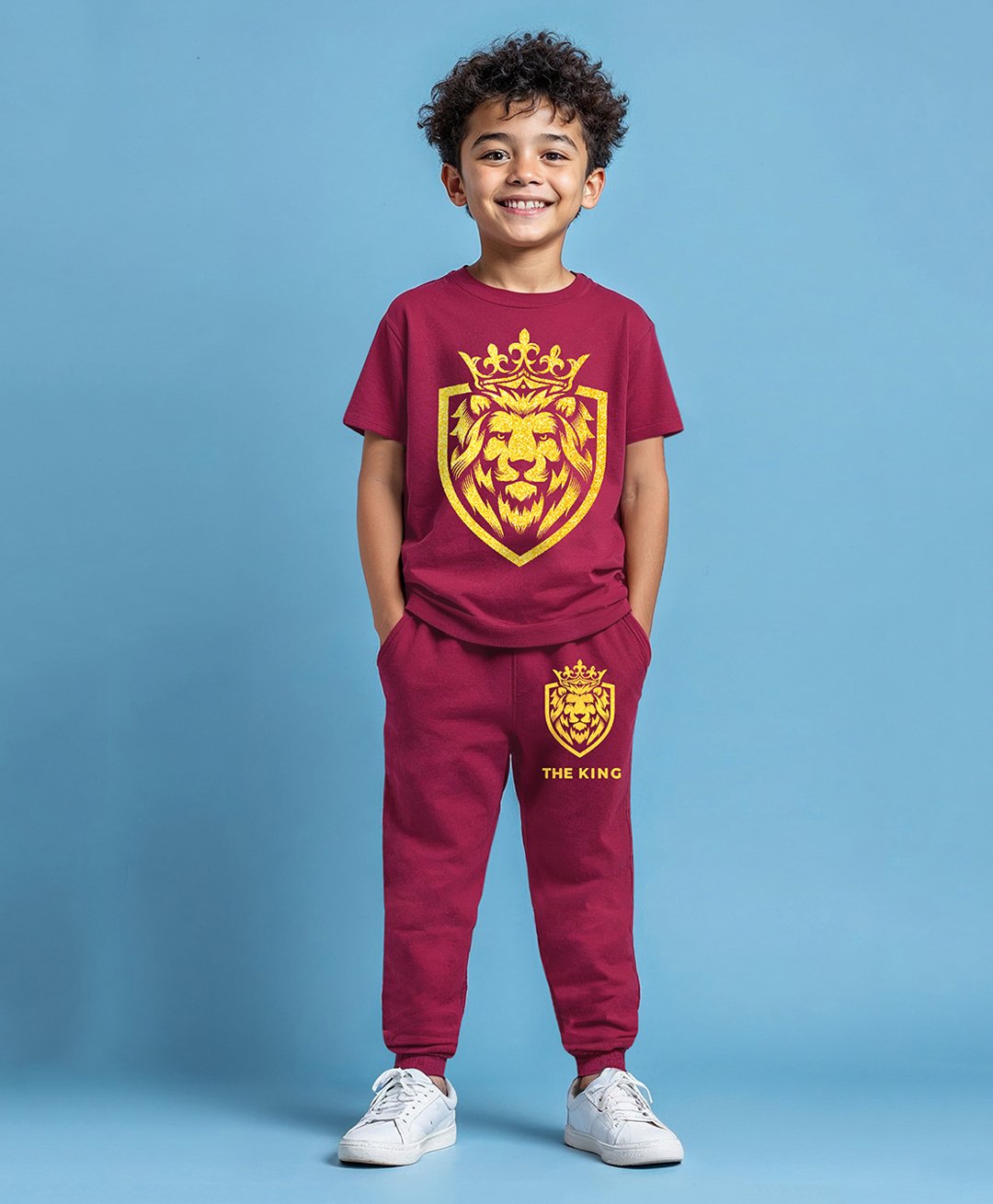 Trampoline Cotton Blend Knit Half Sleeves Lion Printed Tee With Coordinating Track Pants Set - Maroon-image-28