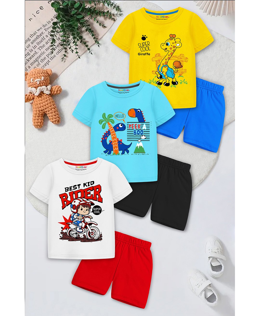 Trampoline Cotton Blend Knit Pack Of 3 Half Sleeves Super Cool Giraffe & Best Kid Rider Text Printed Tees & Shorts Set - Multi Colour-image-11