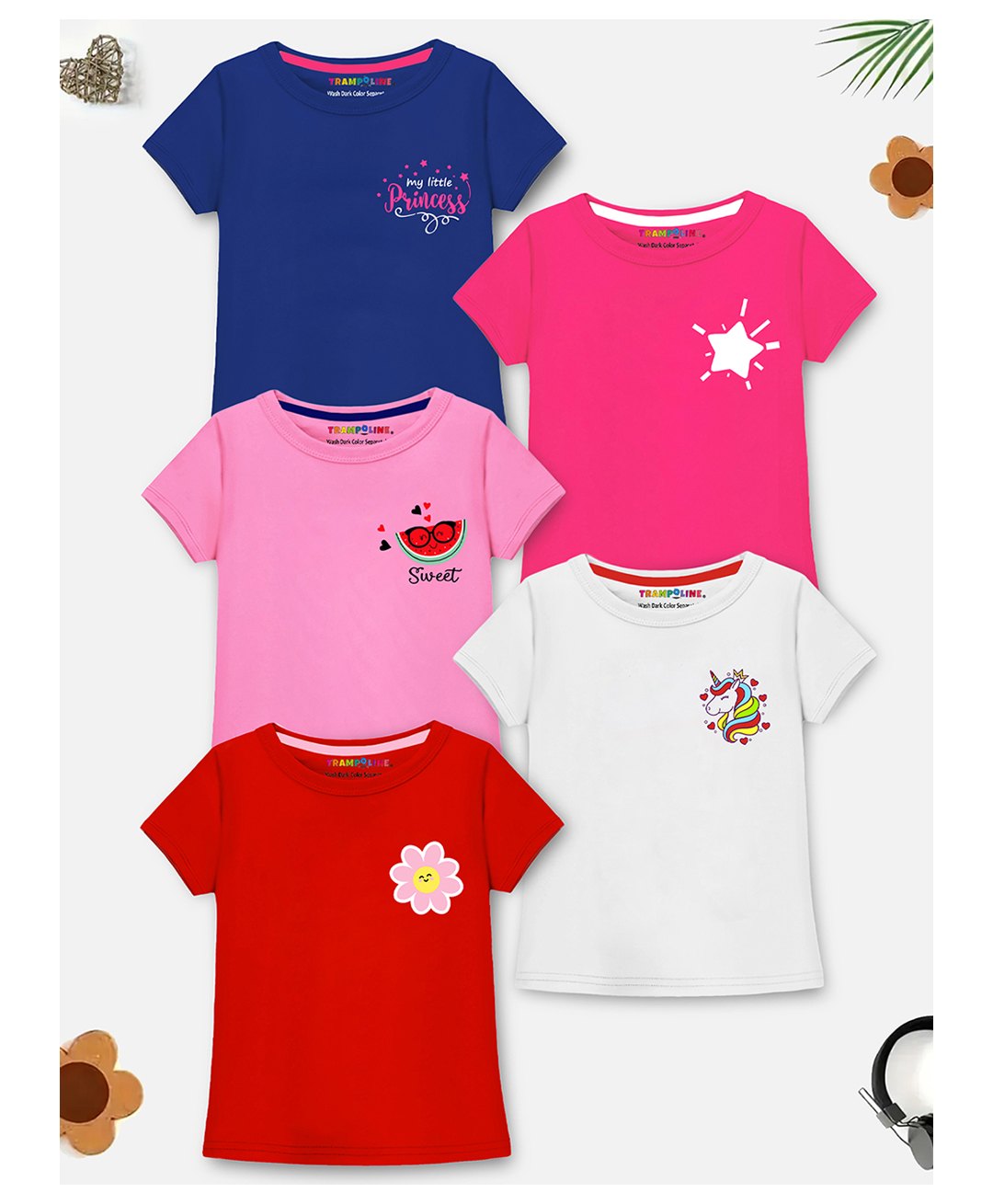 Trampoline Cotton Blend Knit Pack Of 5 Half Sleeves Floral & Unicorn Printed Tees - Multi Colour-picture-12