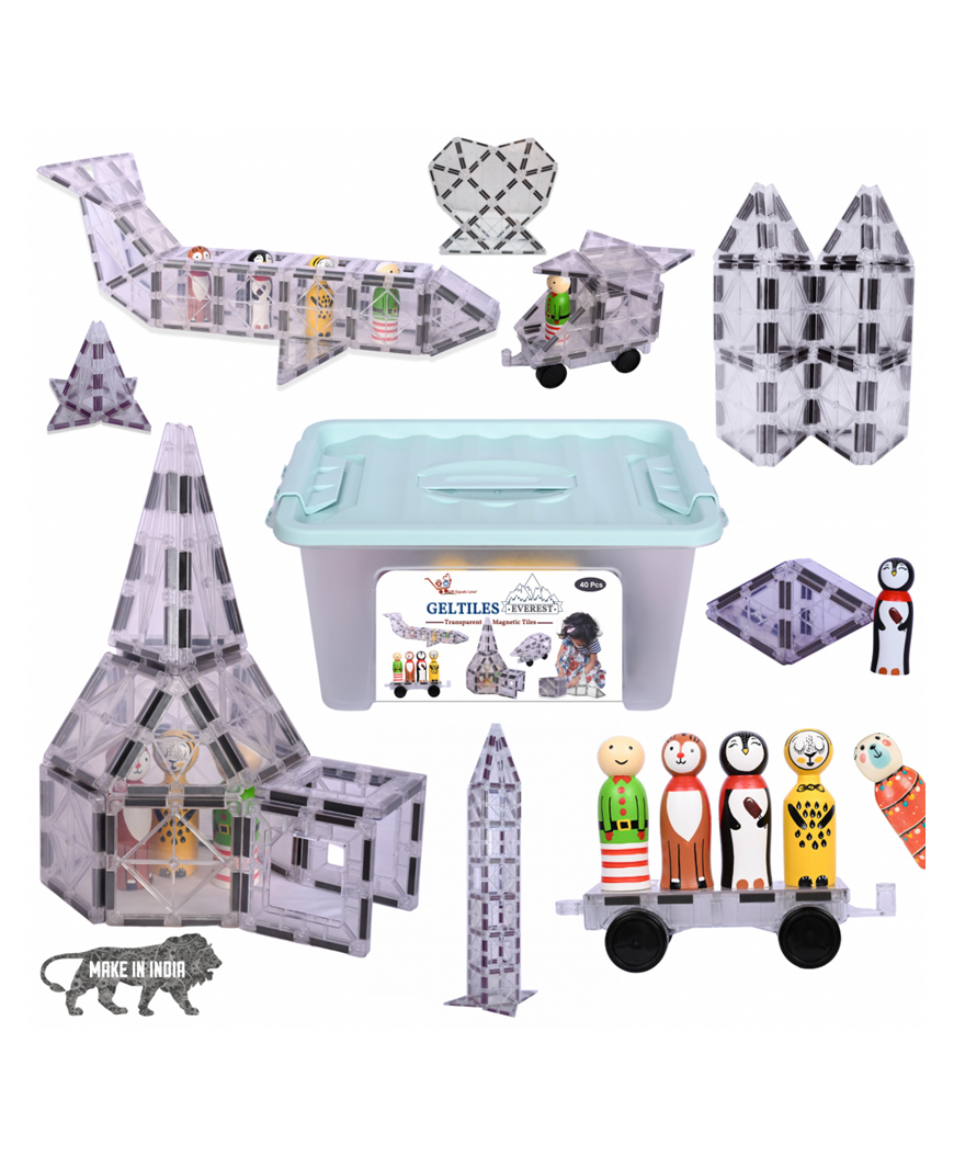 GELTILES MagneticTiles Transparent TIles Everest 45 Pcs Set includes 5 Colourful Dolls & Storage Box Educational STEM learning Toy Return Gifts for Boys & Girls for Building Construction Blocks-image-42