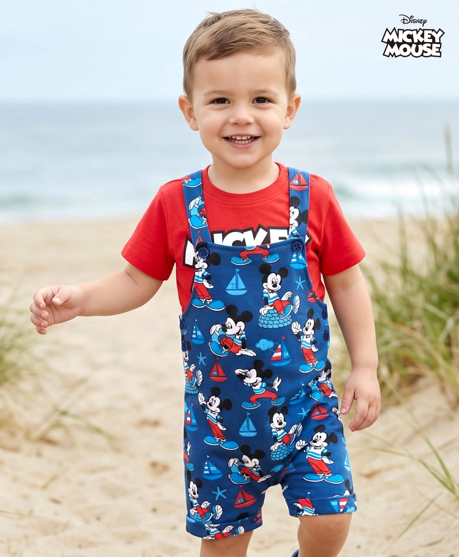 Babyhug Disney Single Jersey Knit Dungaree with Half Sleeves Inner Tee & Mickey Mouse Graphics - Navy Blue & Red-image-11