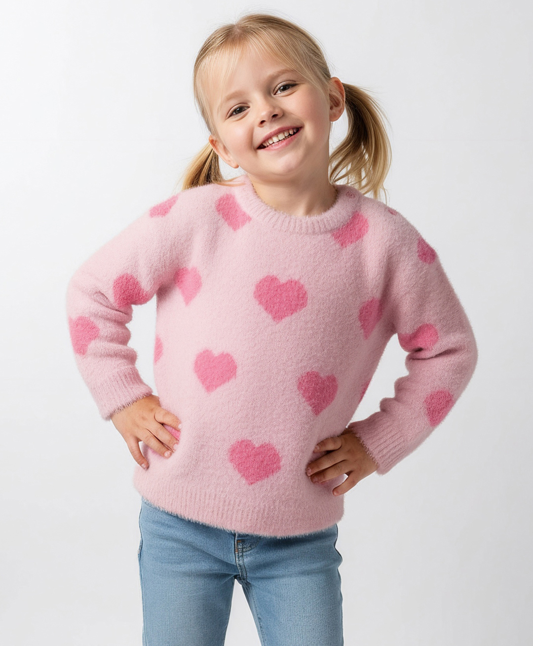 Bonfino Knit Full Sleeves Hairy Yarn Pullover Sweater with Heart Design - Light Pink-image-39