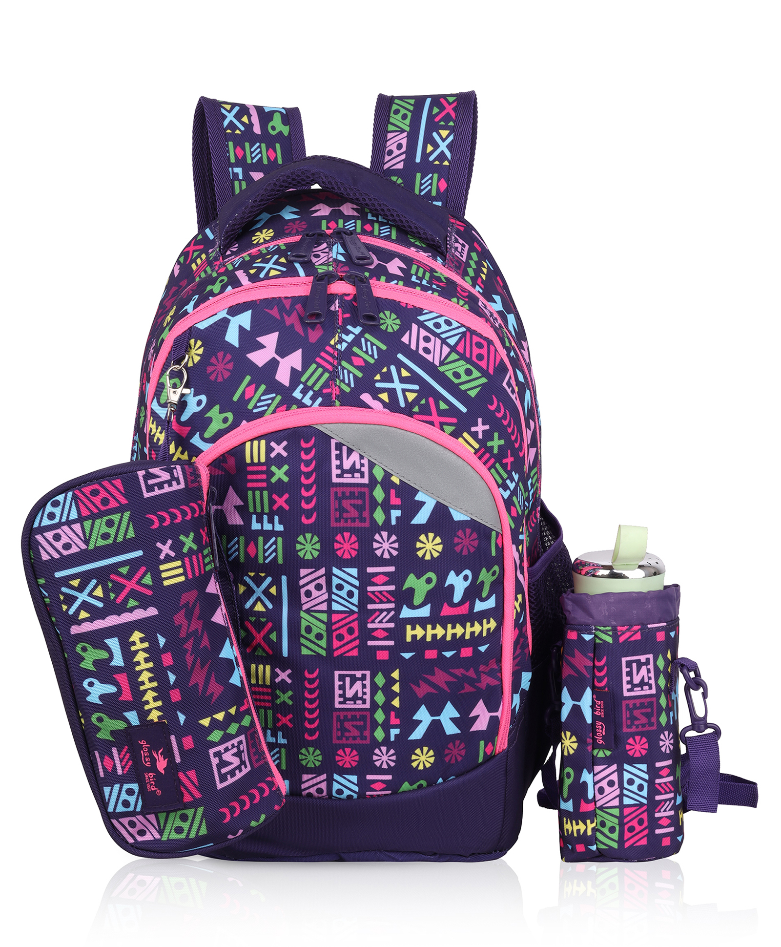 Echo Boomers Glossy Bird Backpack Lightweight, Durable with Detachable Pouch & bottle holder PURPLE Height 17 Inches-picture-48