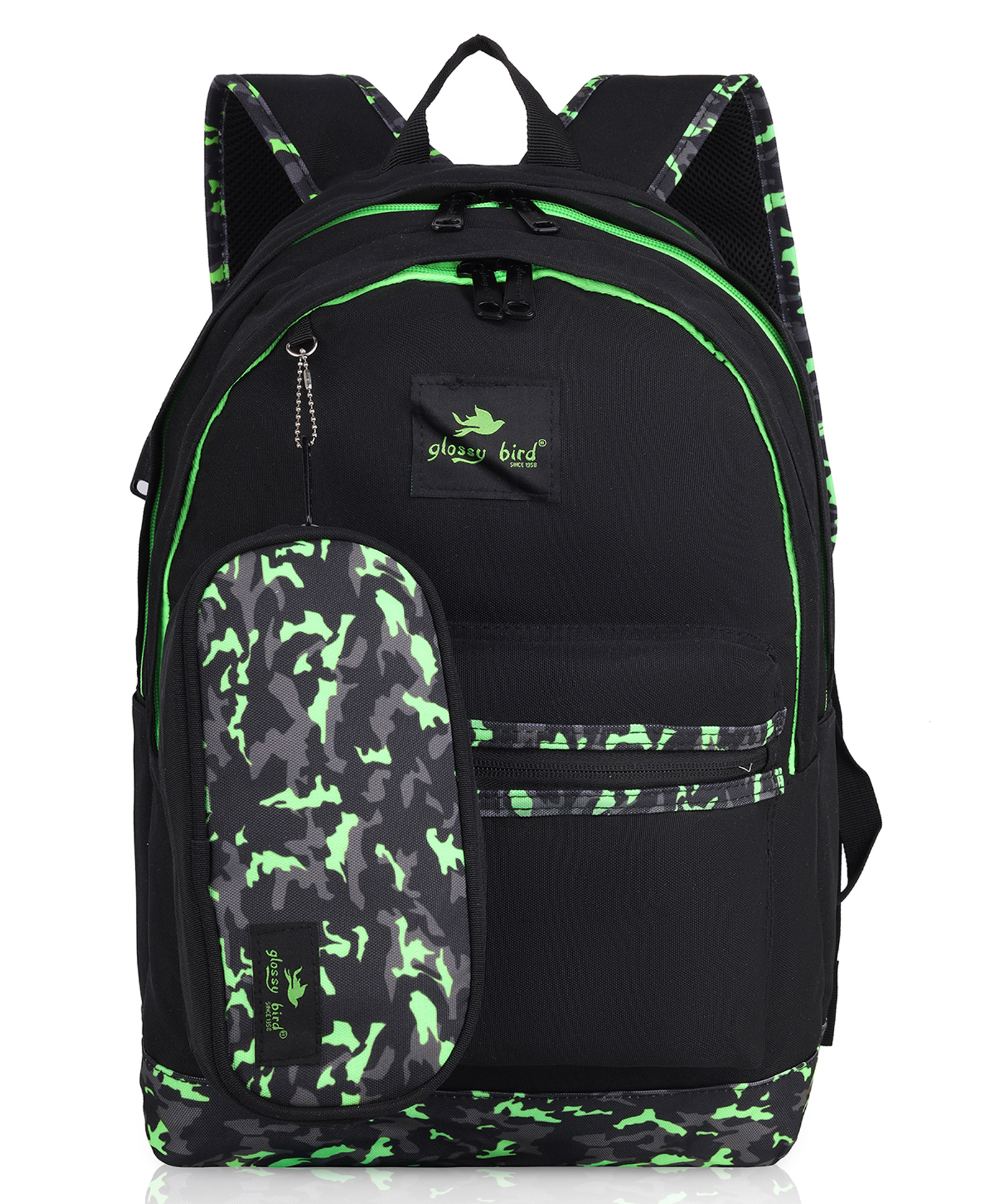 Echo Boomers Glossy Bird Backpack Durable Comfortable and Sleek with Detachable Pouch GREEN Height 17 Inches-picture-41