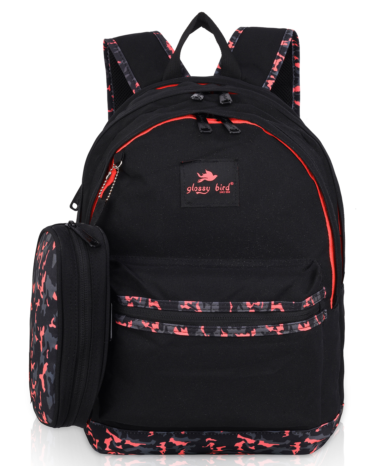 Echo Boomers Glossy Bird Backpack Durable Comfortable and Sleek with Detachable Pouch BLACK Height 17 Inches-picture-44