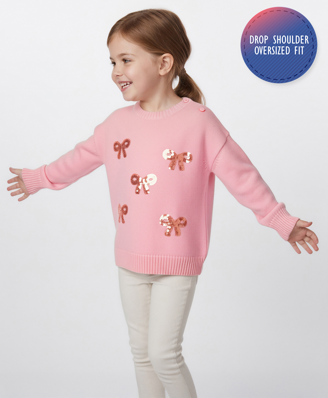 Bonfino 100% Cotton Knit Full Sleeve Pullover Sweater with Sequins Bow Embroidery- Pink-picture-48
